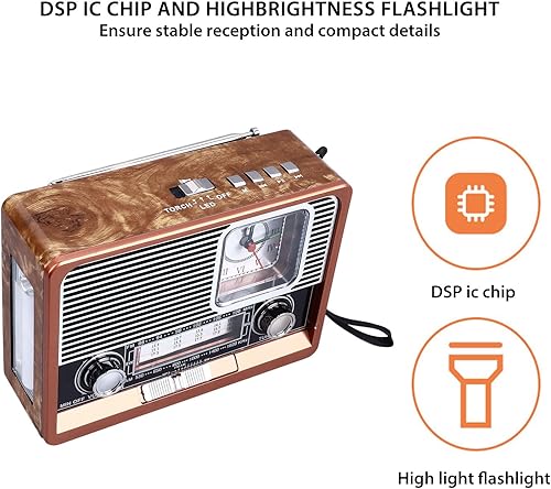 Miniatura 6 de Radio vintage multifuncional AM FM SW banda reloj linterna retroaltavoz con linterna LED, función de reloj, aspecto vintage para el hogar viajes