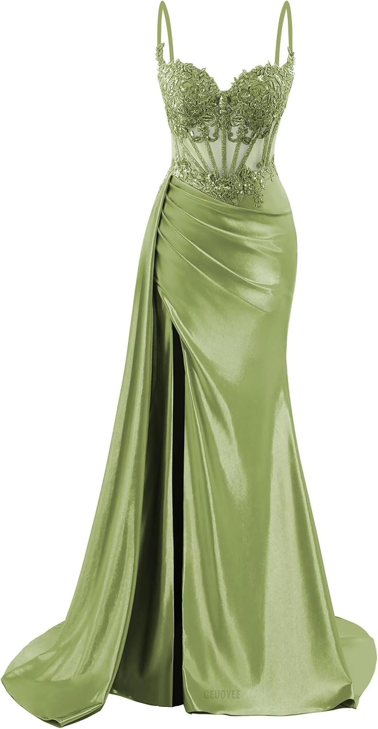 Spaghetti Strap Satin Prom Dresses with Slit Long Mermaid Sequin Formal Evening Gown Lace Applique Cocktail Dress