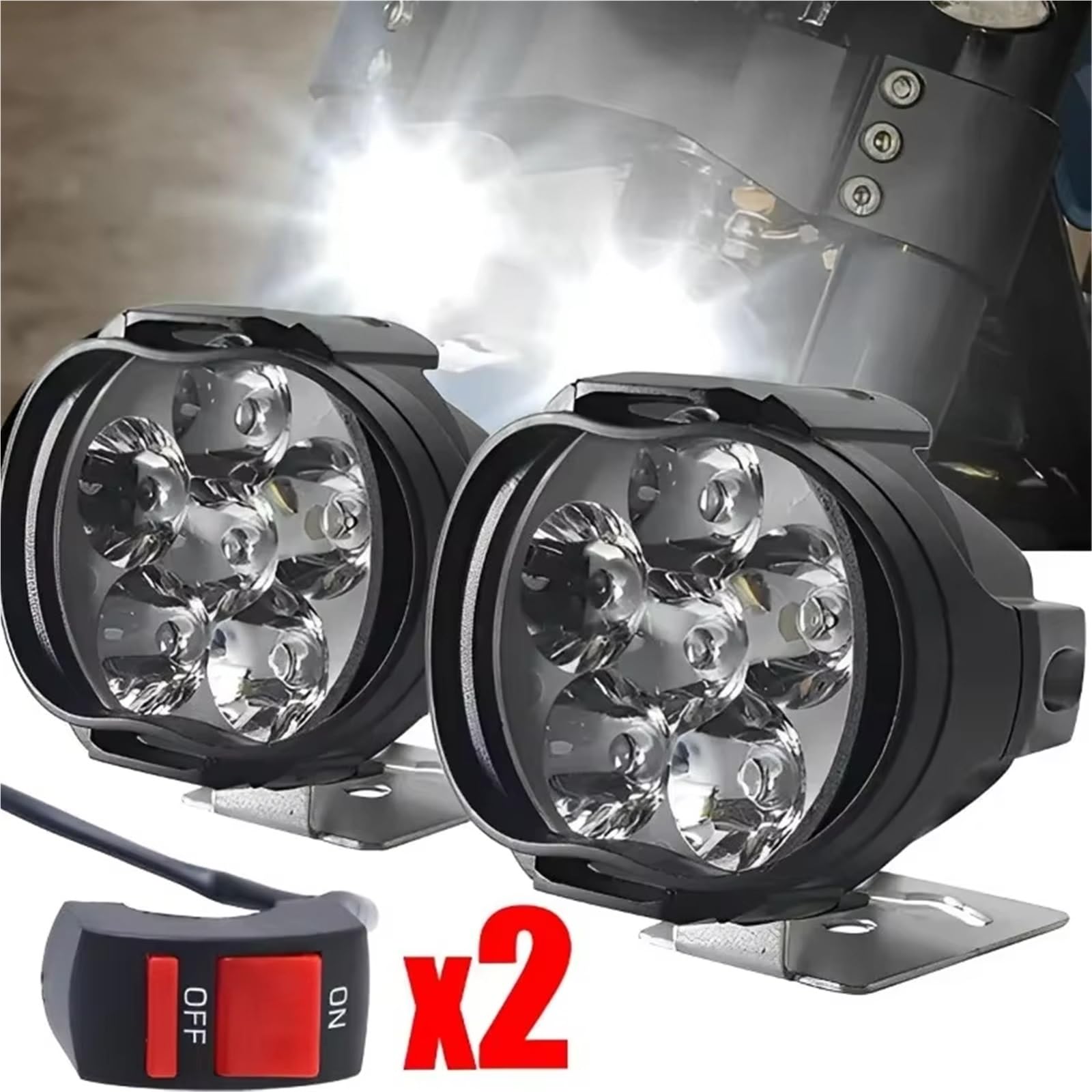 Phare Avant Moto Phares Moto Feux Auxiliaires Scooter Projecteurs Ampoules Antibrouillard À 6 LED Feux Travail Avec Interrupteur Feux Phare(4 piece)