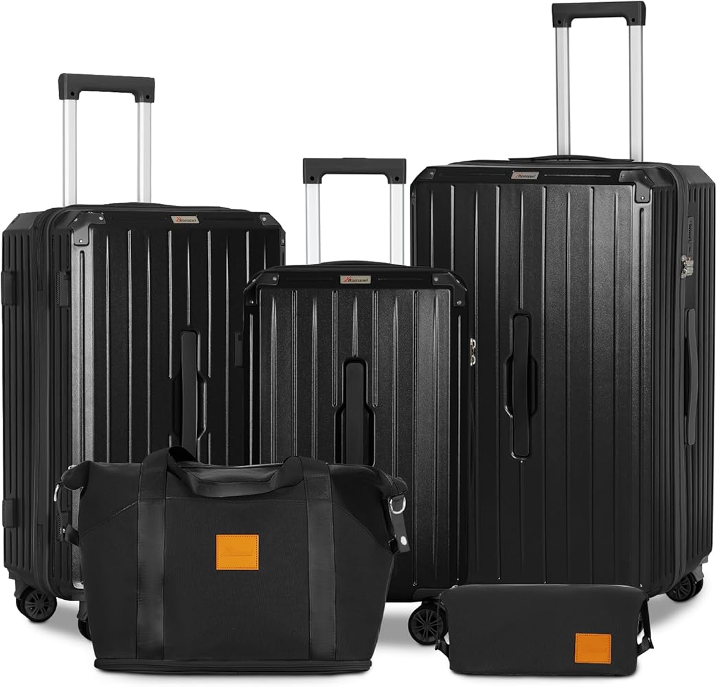 Romswi 5-Piece Luggage Set with Cup Holder TSA Lock, 20" 24" 28" Hardside Spinner Suitcase with Duffel Bag, Lightweight Durable PC+ABS Black Travel Luggage