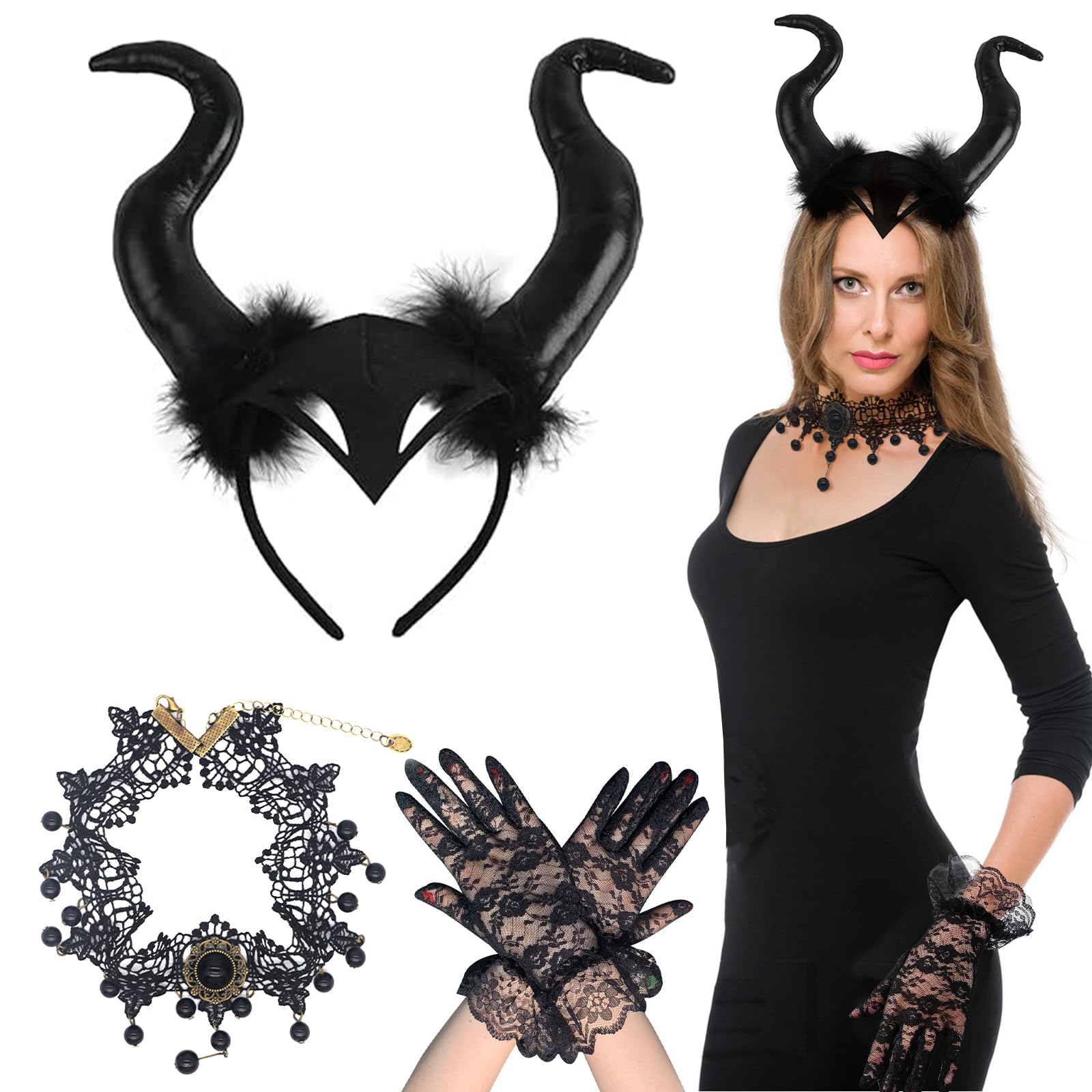 Celebration Directre Halloween Devil Hair Accessories, Witch Horn Headband Black Devil Horns with Lace Necklace Black Lace Gloves Halloween Witch Costume for Cosplay Masquerade Carnival
