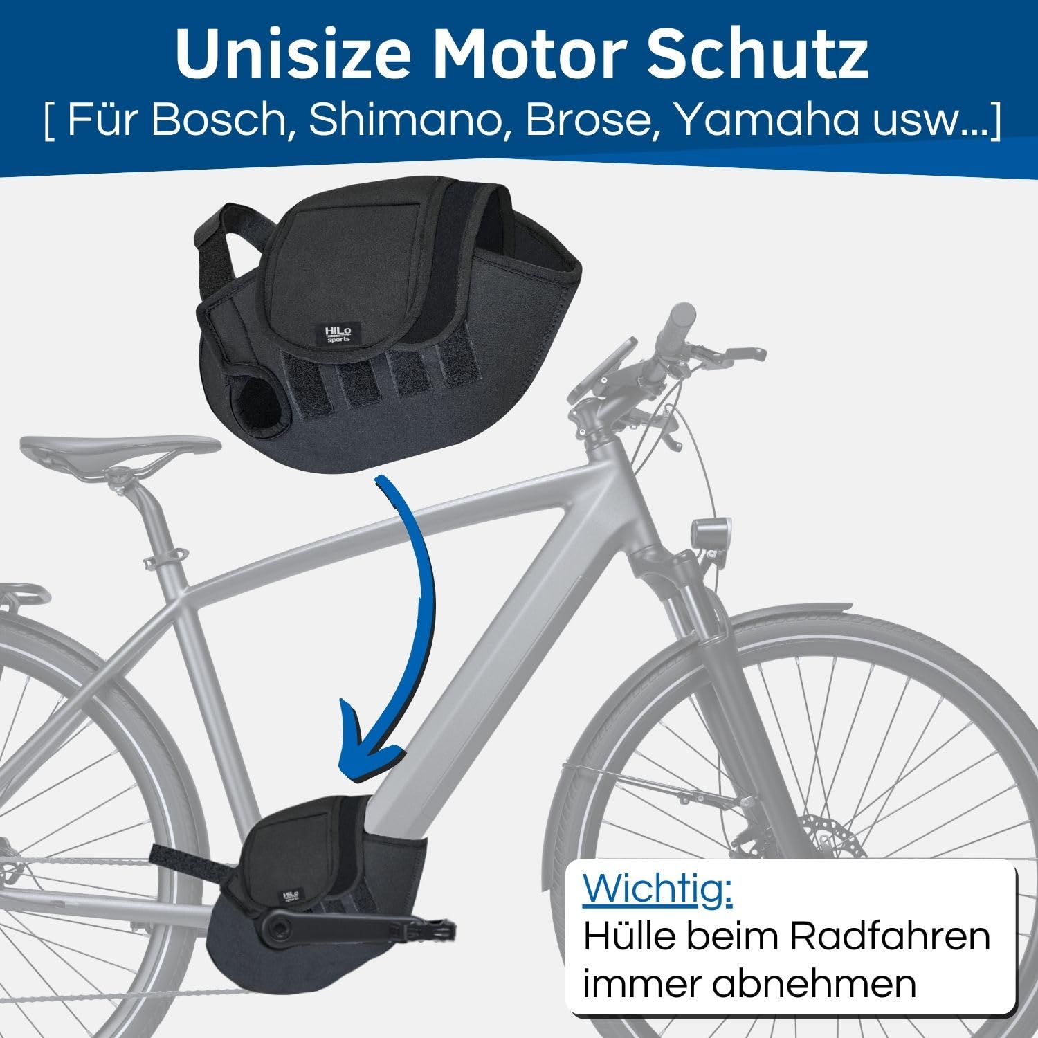 HiLo sports E-Bike Motor Schutzhülle - [Für alle Mittelmotoren] - Passend für Bosch, Shimano, Brose, Yamaha - Fahrrad Transportschutz bei Regen, Spritzwasser & Schmutz -Neopren Fahrradschutz (Neopren)