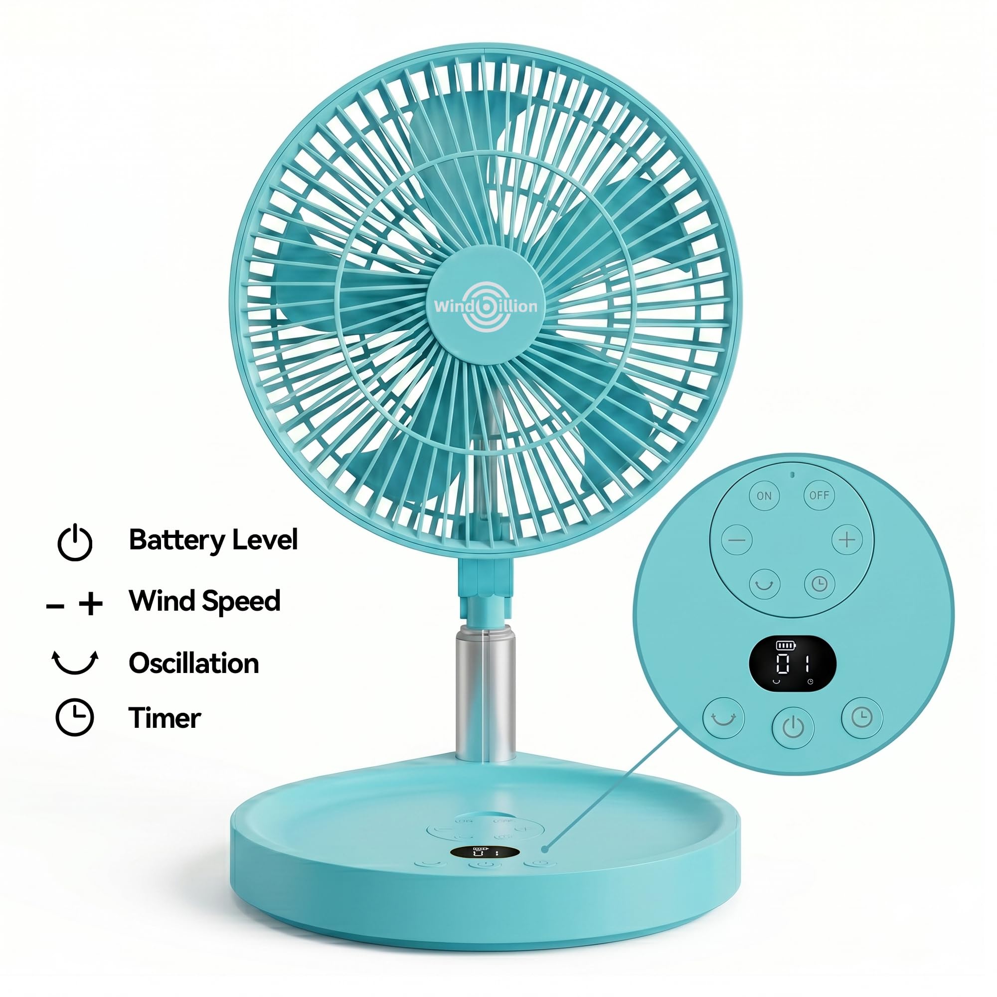 Ventilatore portatile ricaricabile a piedistallo, ventilatore pieghevole H6 da tavolo e da tavolo, 16000 mAh, design pieghevole senza fili con telecomando, 5 velocità, flusso d'aria