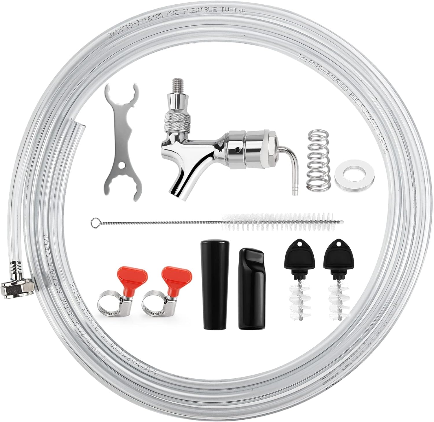 All Stainless Steel Draft Beer Shank Faucet Beer Tower Faucet Kit, 1/4” Beer Barb Fitting Self-closing Beer Tap Kegerator Tower Replacement Kit for 3/16” Beer Line Tubing with Hose Clamp Wrench