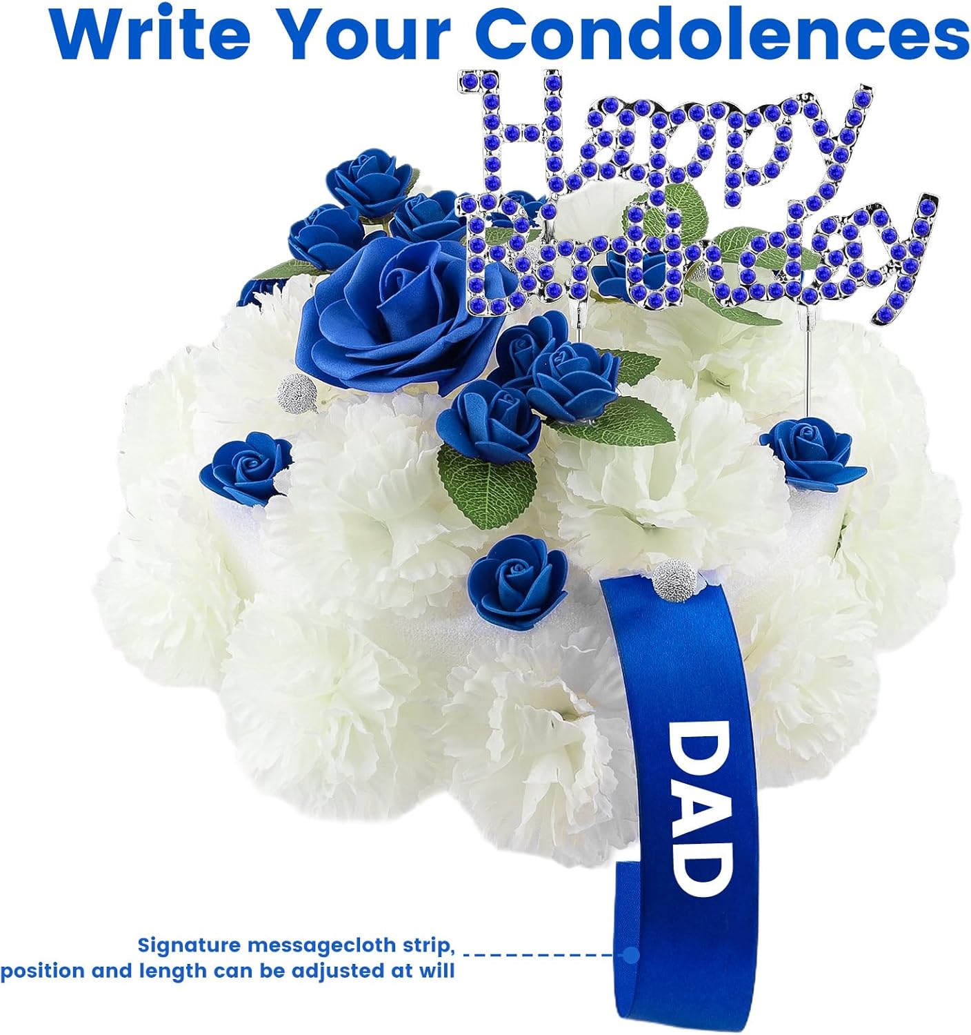 Cemetery Memorial Artificial Flower Cake - Elegant Ivory Carnations & Blue Roses with Sparkling Happy Birthday Insert-Suitable for Grave Headstones Gravesite Decorations Sympathy Gifts