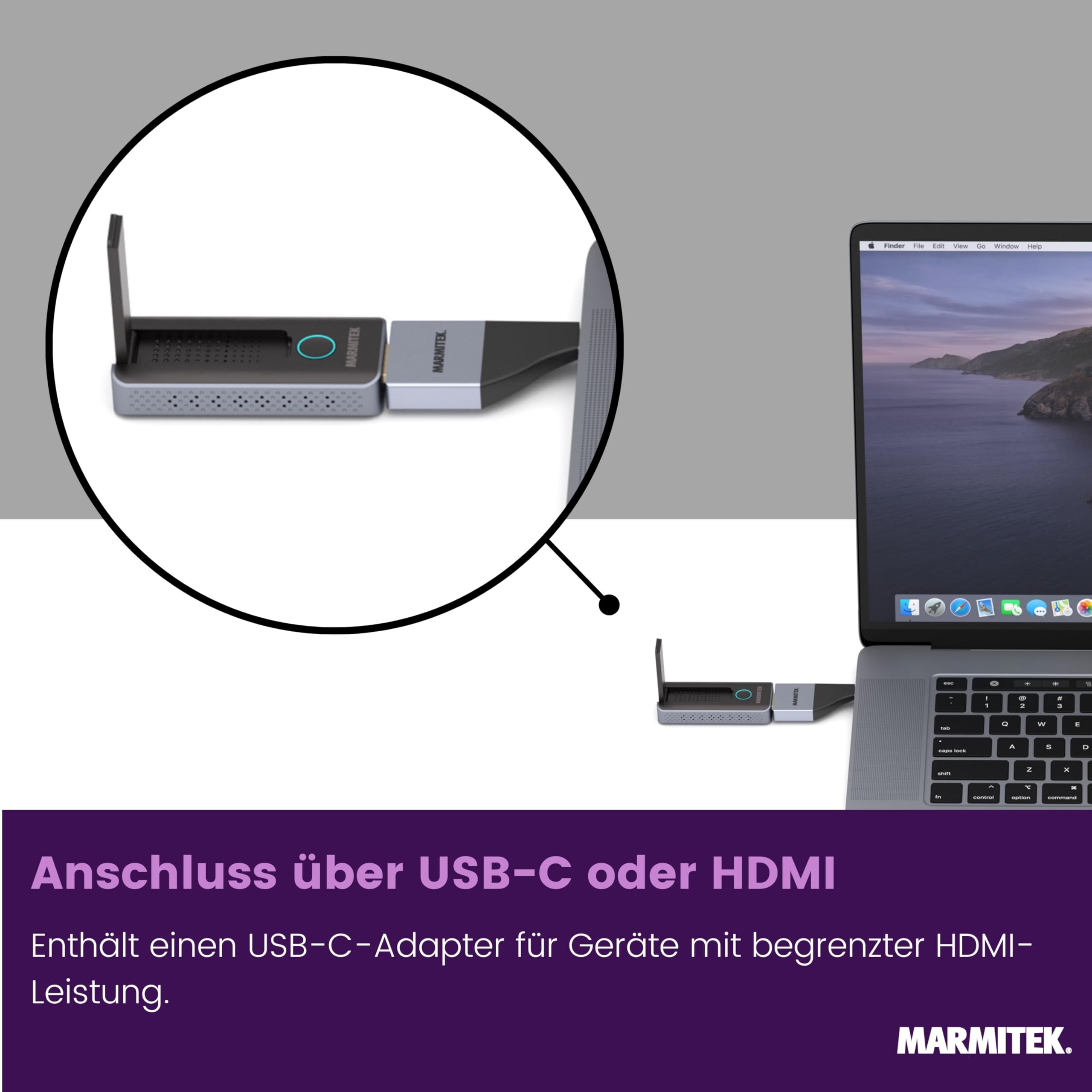Marmitek Stream S1 Pro - Wireless HDMI Extender 1080p Full HD USB-C Laptop | Drahtloser HDMI Sender Empfänger für Präsentationen, Plug & Play ohne WLAN/Software, USB-C, 20 m und geringe Latenz