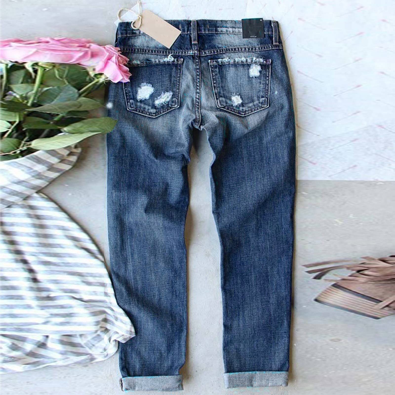 Hosen Für Damen Jeans Independence Day Print Zerrissene Hose Wide Leg High Waist Bauchweg Curvy Bootcut Dunkelblau Baggy Elegant Skinny Leggings 44 Baggy-Jeans Straight Damenhose Weites