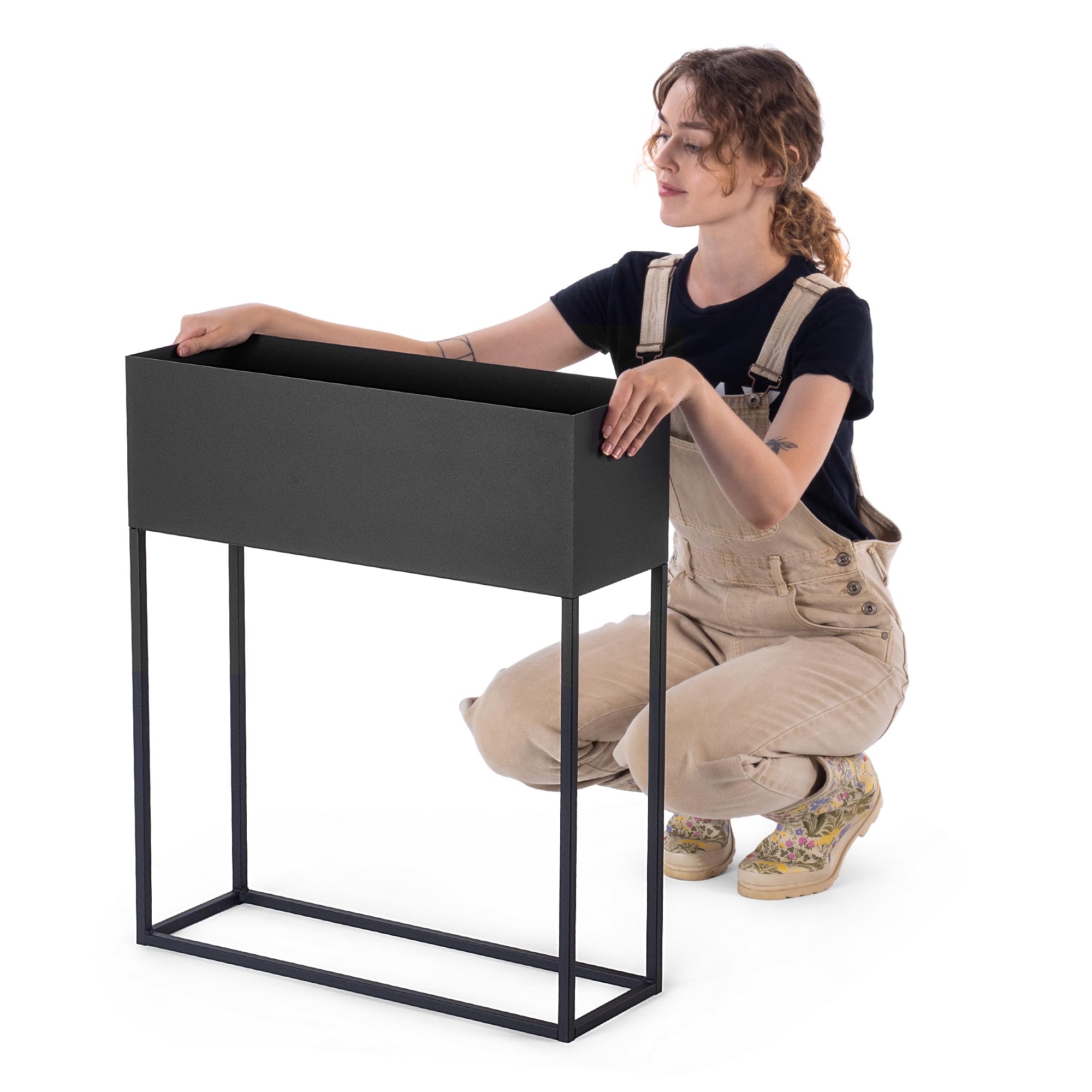 KADAX Jardinera ancha de barra de acero negro, soporte para flores para interior y exterior, parterre, maceta, macetero, soporte para flores (altura: 70 cm)