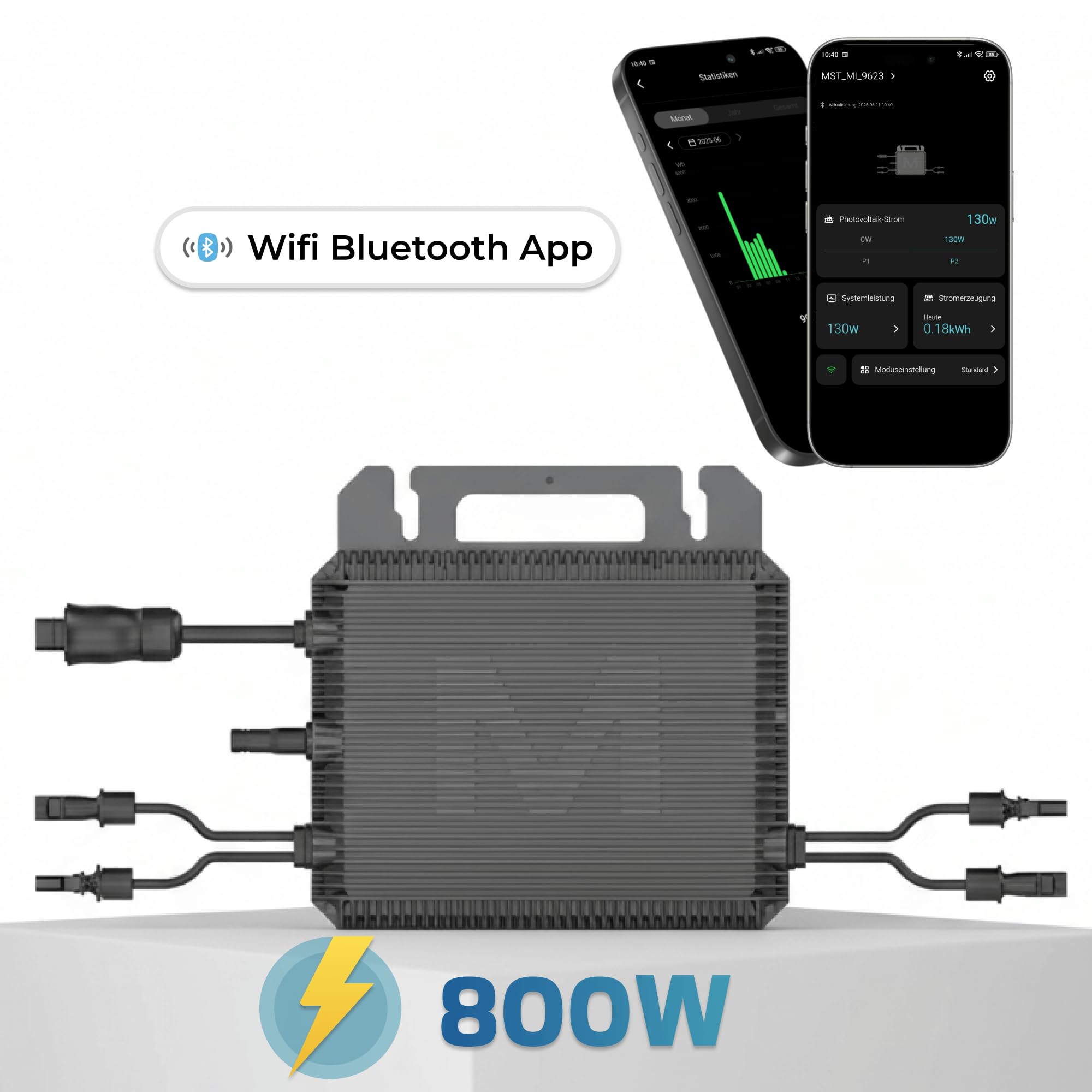 MARSTEK Mikro-Wechselrichter 800 W MST-MI0800 für Balkonkraftwerk, IP67 wetterfest, Plug-&-Play Installation, 2 MPPT, Bluetooth & WiFi, Micro Inverter
