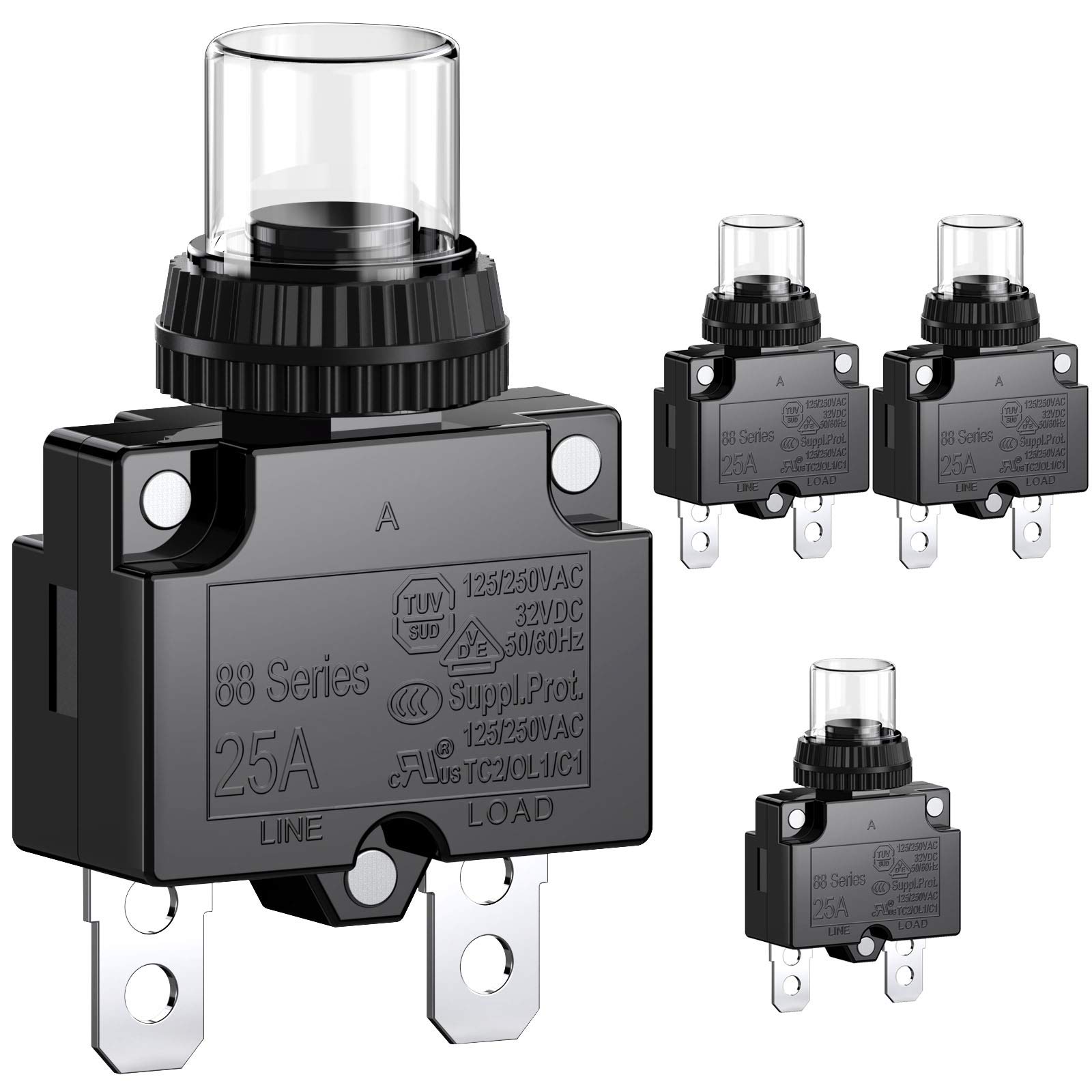 CLDIY 25-A-Leistungsschalter mit thermischem Überlastungsschutz 88 Series Manual Push Button Reset mit Schnellanschlussklemmen und wasserdichter Tastenkappe 32VDC oder 125 / 250VAC 4PCS