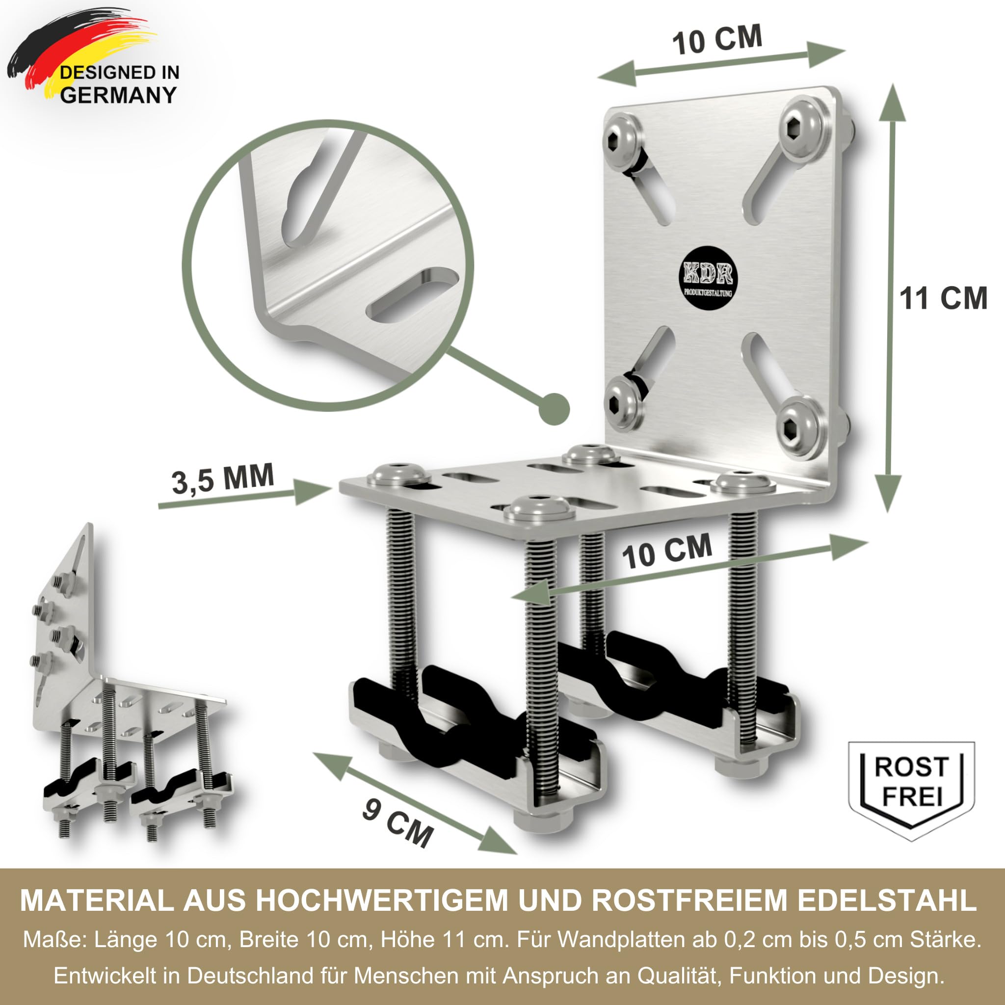 KDR Balkonfächerhalter aus Edelstahl – Halterung ohne Bohren für Balkonfächer & Seitenmarkisen bis 160×160 cm – Klemmhalter für runde & eckige Geländer – rostfrei, wetterfest, stabil