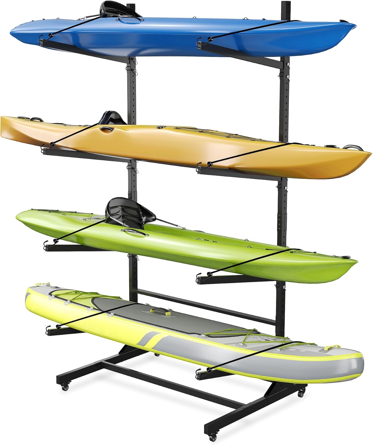 PeakPursuit Freestanding Kayak Rack for Garage & Outdoor Storage, 180 LB Heavy Duty Steel Kayak Storage Rack with Wheels for Sups, Canoe, Paddle Board and Surfboard