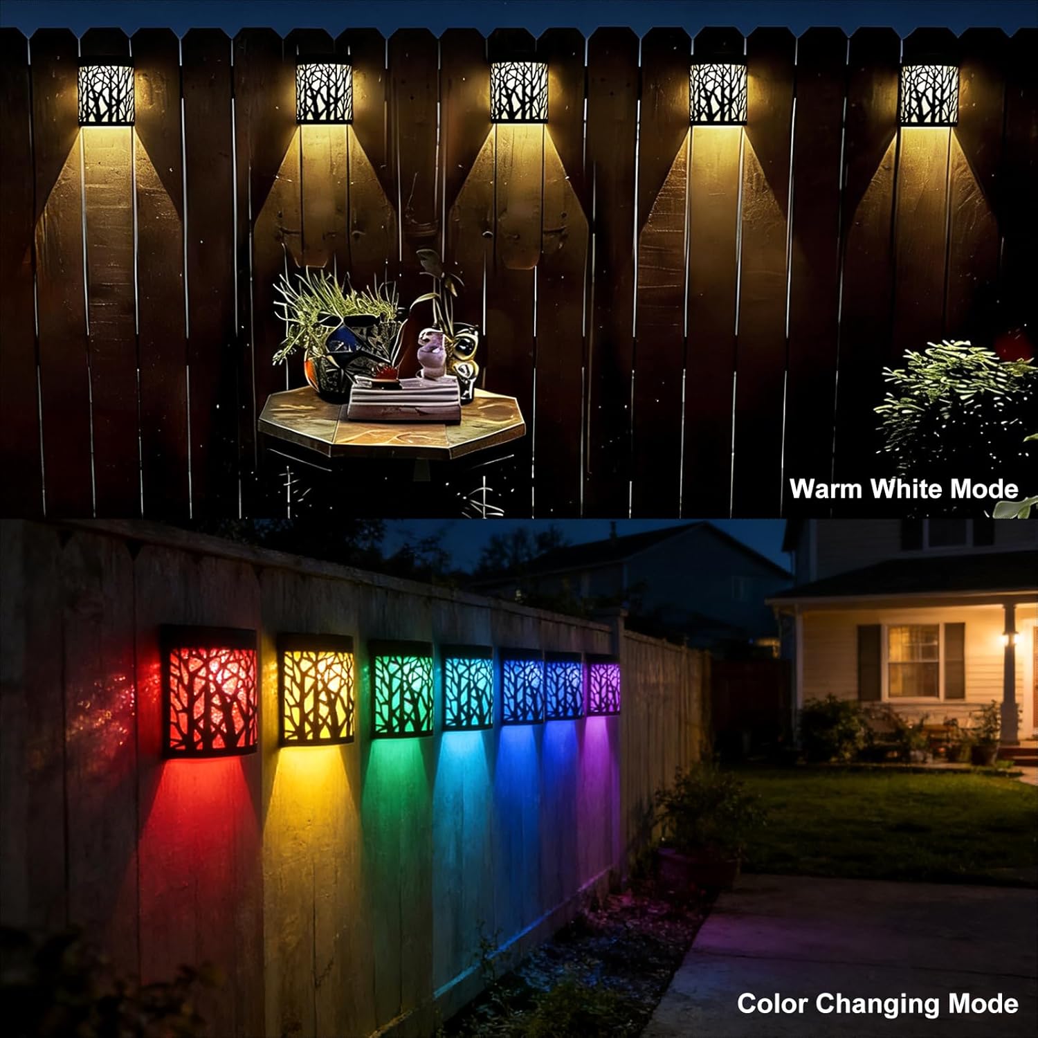 DenicMic Solar Wall Lights Outdoor Wall Sconce Fence Lighting for Patio Front Door Yard Deck Stair Led Forest Decorative Lamps, Waterproof, Warm White Color Changing (4 Pack) - Image 3