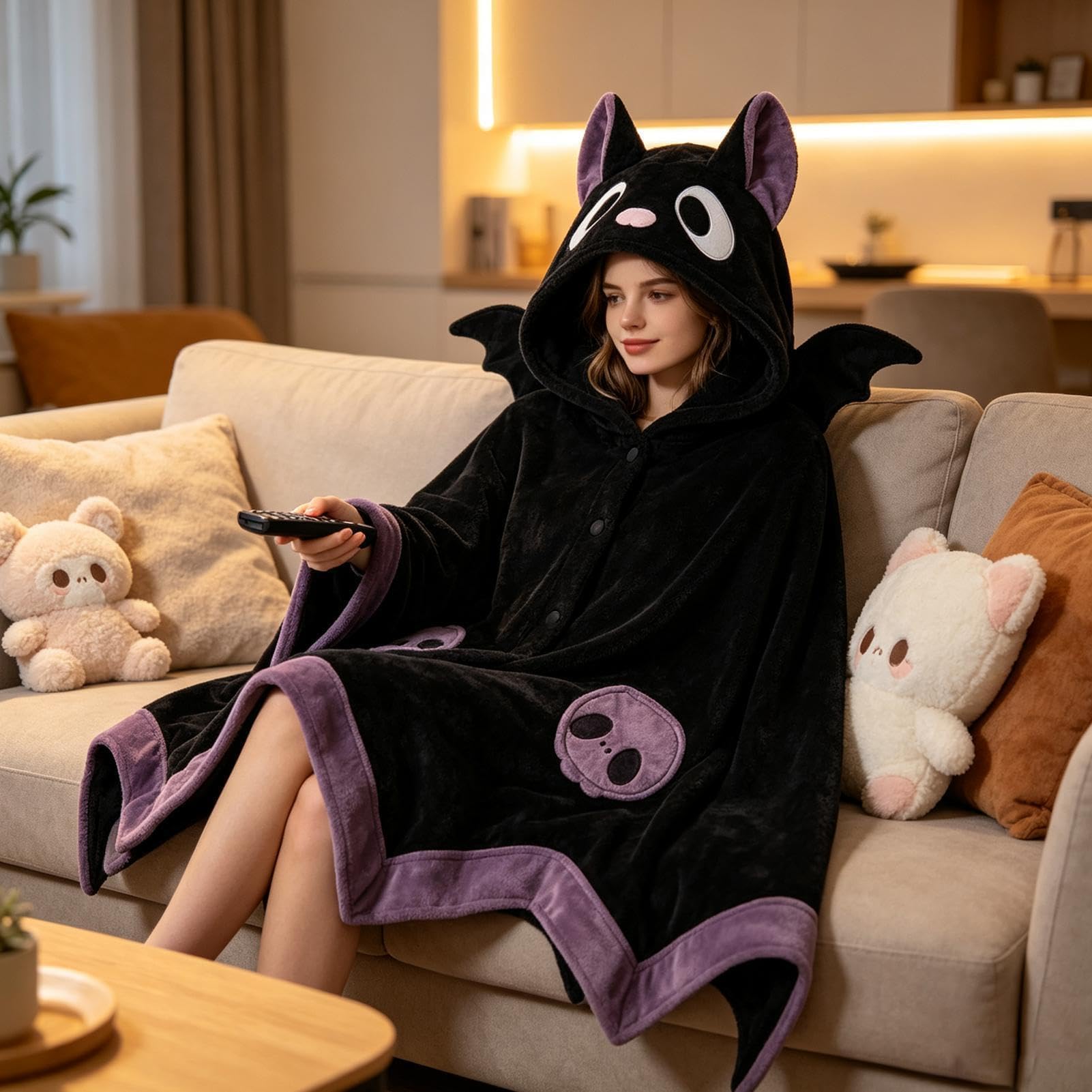 Kreskówkowa nietoperzowa koc z kapturem do noszenia na Halloween i cosplay