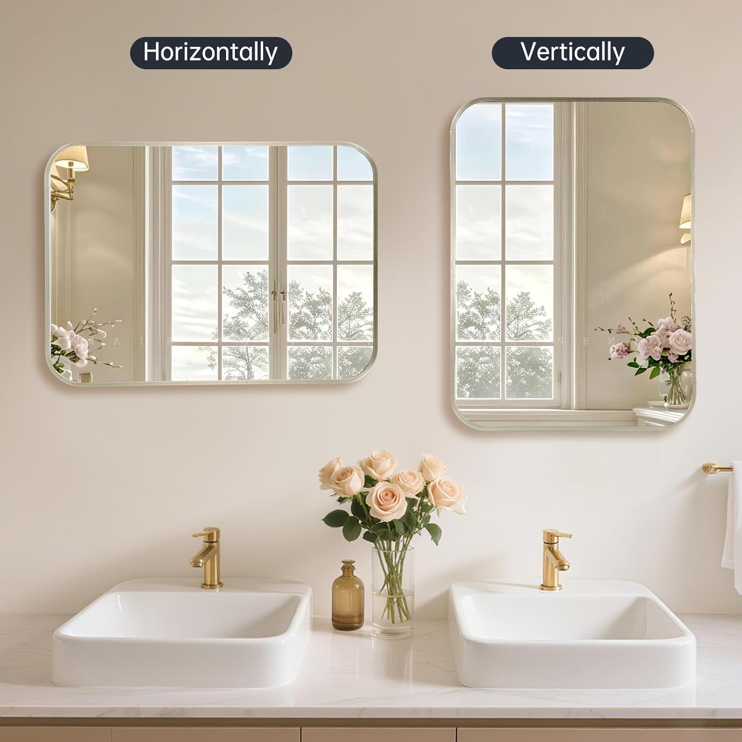 30x36 Inch Brushed Nickel Bathroom Mirror for Wall，Framed Rectangle Mirror with Rounded Corner,Brushed Nickel Mirror for Bedroom or Living Room,Vertical or Horizontall