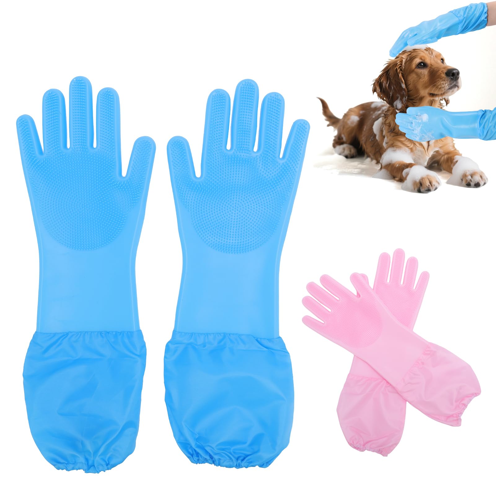 ZESTEFY Hundepflege Handschuhe, 2 stücke Förlängda massagehandskar i silikon für Katzen & Hunde – Fellpflege, Haarentfernung, Baden mit Aufhängbar & Multifunktional (Rosa+Blau) Haustier