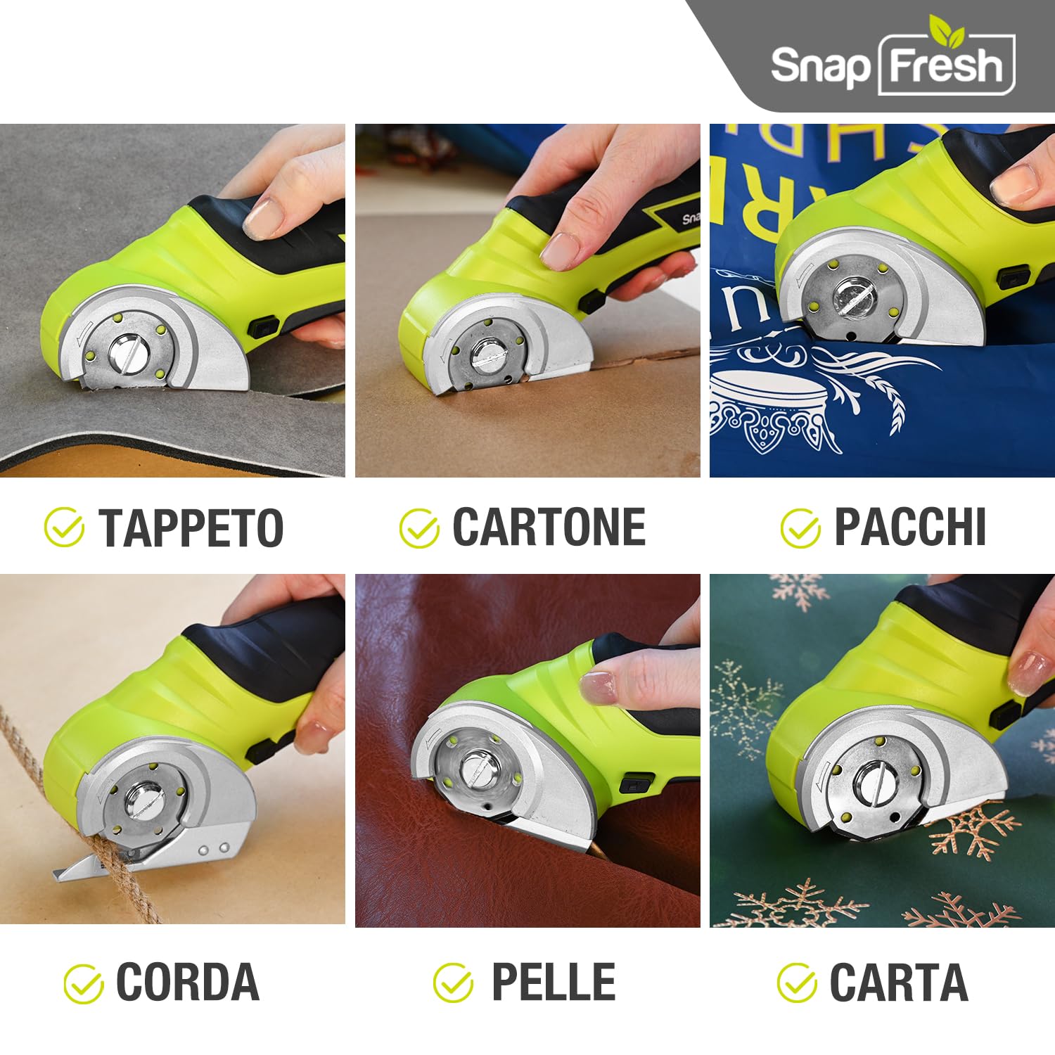 SnapFresh Taglierina Elettrica Forbici Elettriche 4V a Batteria, Taglierina Rotativa per Cartone, Carta, Moquette, Pelle, Feltro, Plastica