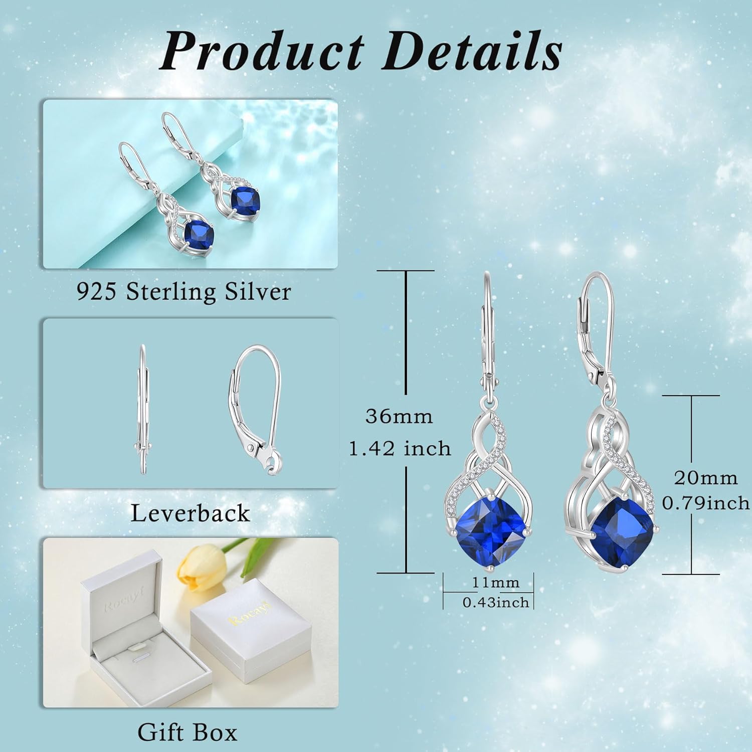 Princess Cut Leverback Dangle Drop Earrings 925 Sterling Silver Infinity Knot Earrings Birthstone Jewelry Gifts for Women - Image 6