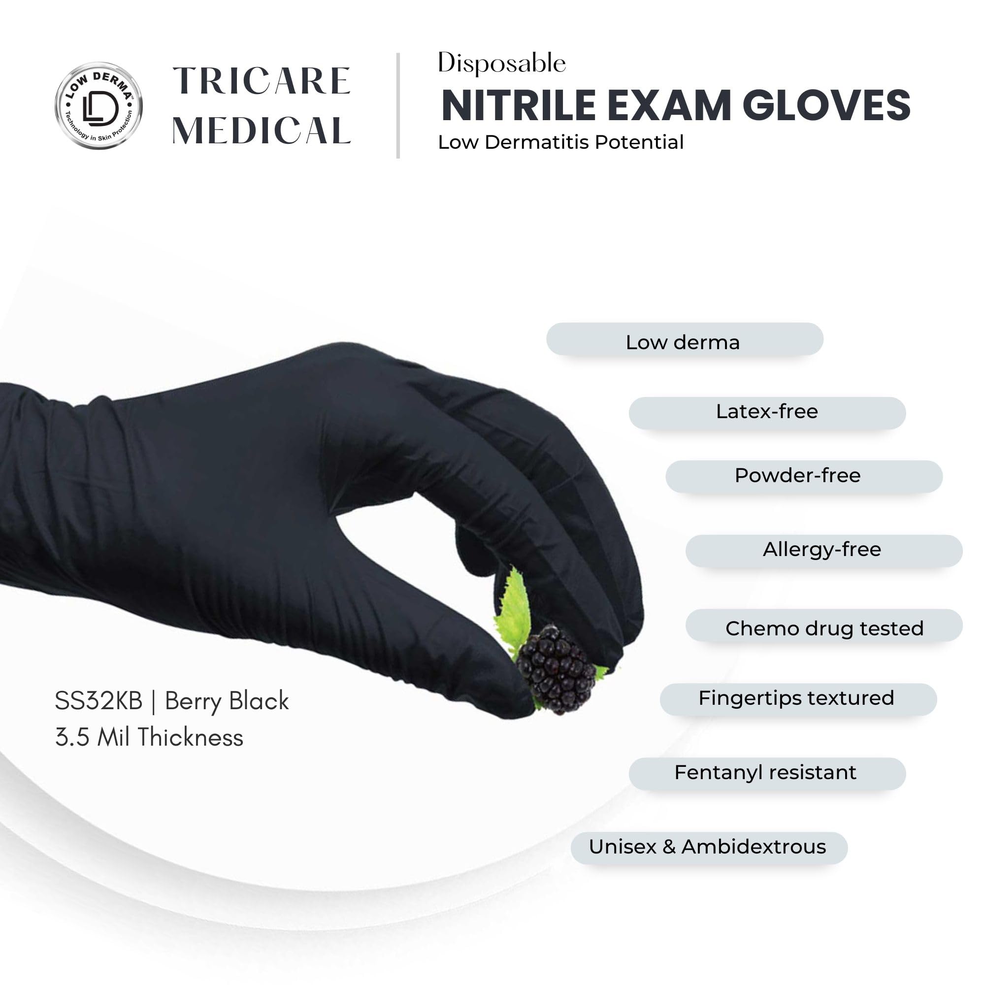 TRICARE MEDICAL Medium Nitrile Exam Gloves, Low Derma, Latex-free, Powder-free, Chemo Drug Tested, Berry Black, 3.5 Mil, Case of 1000