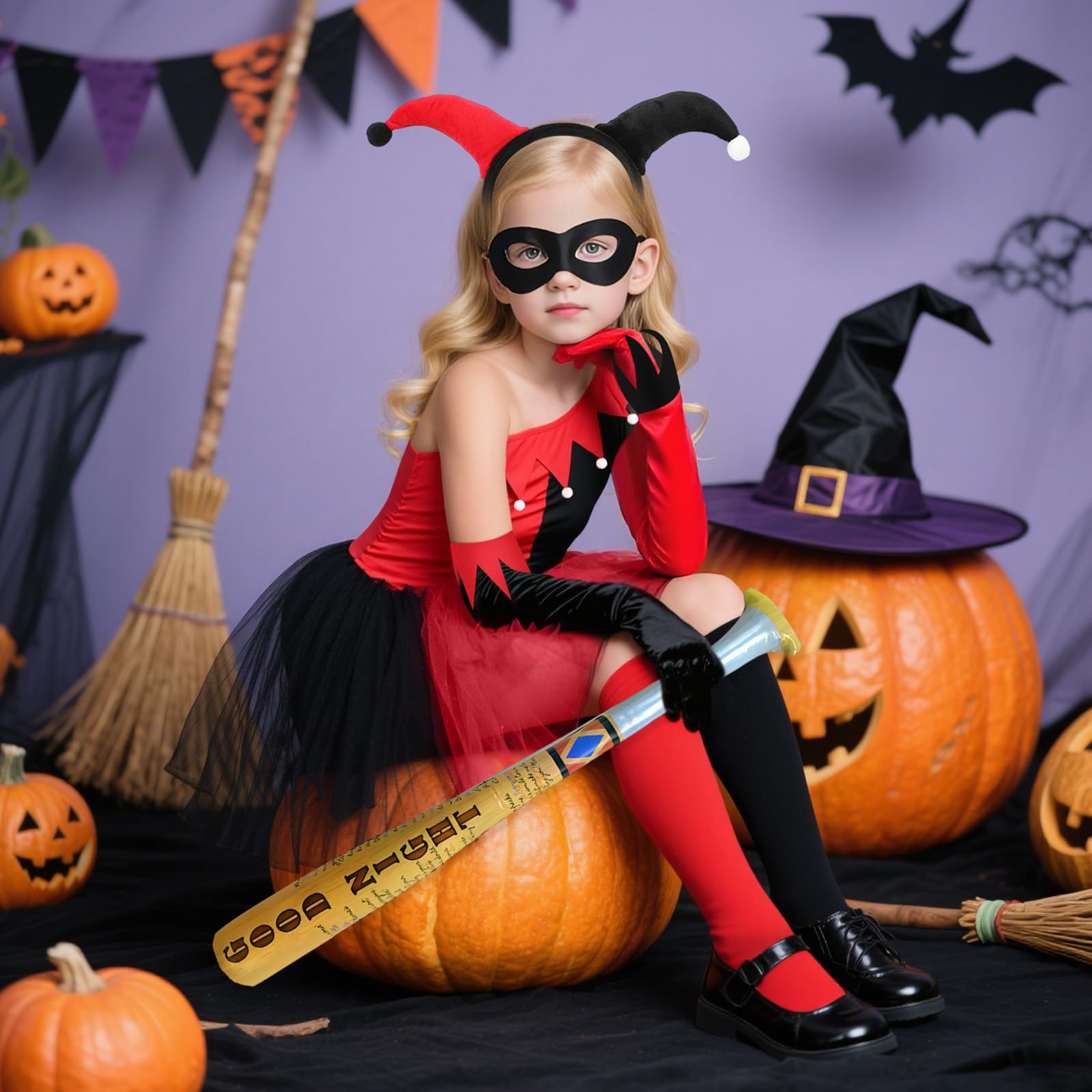 GEEKEO Quinn Costume Bambina, Clown Costume Carnevale Bambina, Vestito Carnevale per Bambini Ragazze 3-12 Anni, Joker Costumi di da Quinn Cosplay Abito per Carnevale, Fancy Dress, Halloween Feste