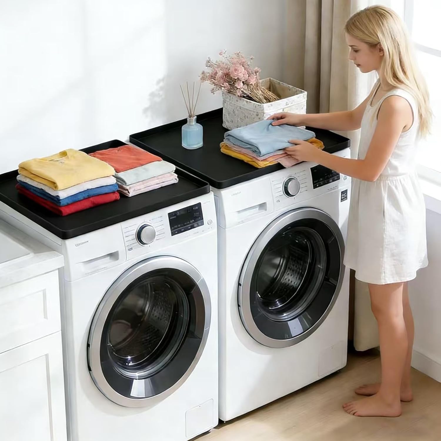 2 PCS Silicone Washer Dryer Top Protector Mat 24"x19.7", Non-Slip Waterproof Heavy Duty Washer Lid Cover Pad with Raised Edges, Multi-Use for Appliances & Pet Feeding Station, Easy Clean Foldable
