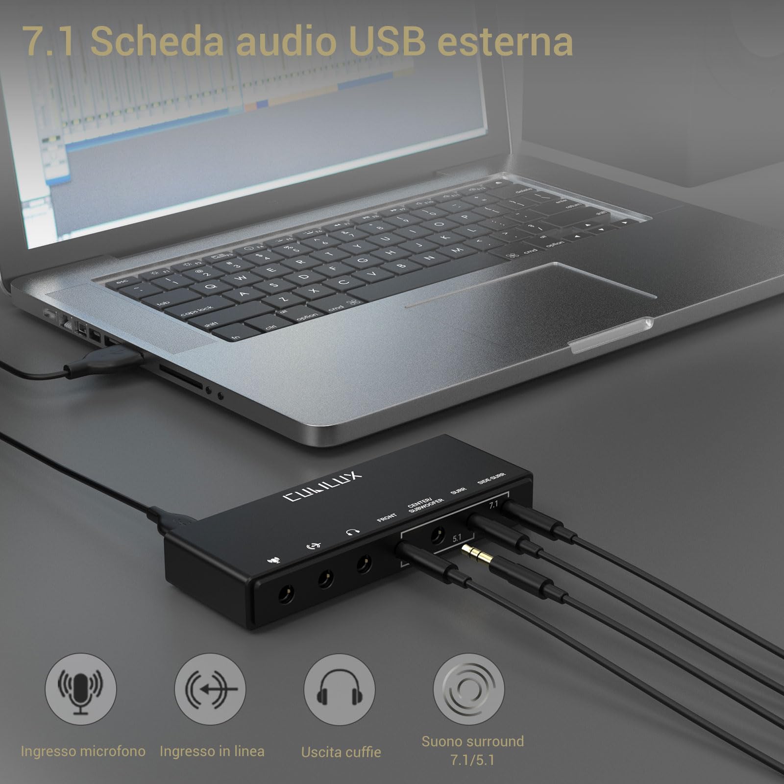 Cubilux Scheda Audio Surround 7.1 USB-A 48KHz 384KHz, Alimentazione in Lega di Alluminio per PC Laptop con Ingresso Mic Linea Stereo e Supporto ASIO Core Audio