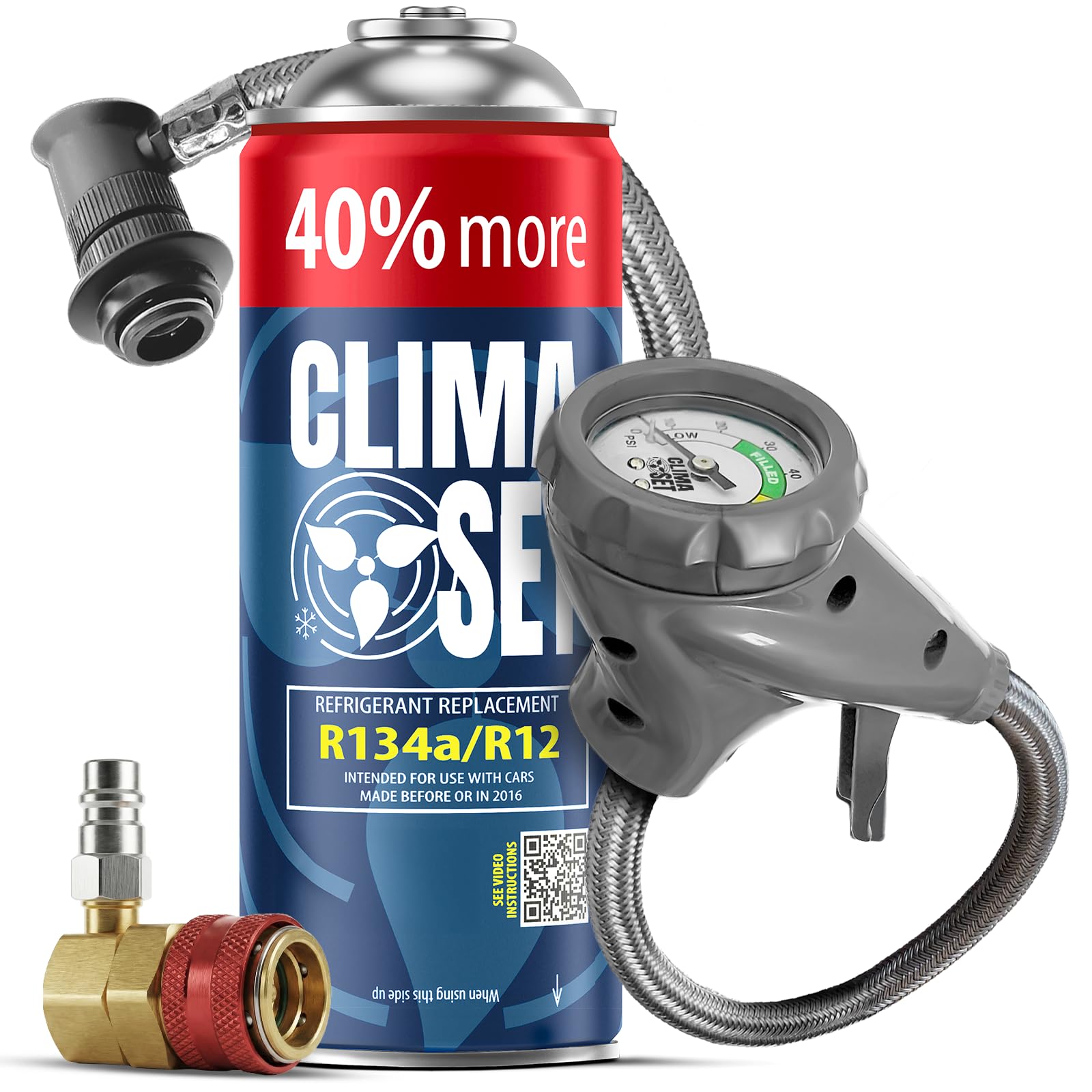 CLIMASET - Kit de recarga de aire acondicionado para coche - Gas y aceite R134a + manguera + adaptador de alta/baja presión - Para vehículos de 1994 a 2016, manguera moderna y fácil de usar, manómetro