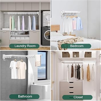 Kelisiting Wall Mounted Clothes Drying Rack, Laundry Drying Rack Wall Mount, 3-Fold Drying Rack Clothing, Foldable Clothes Drying Rack with 12 Dual Hooks Organization for Laundry Room Indoor - White
