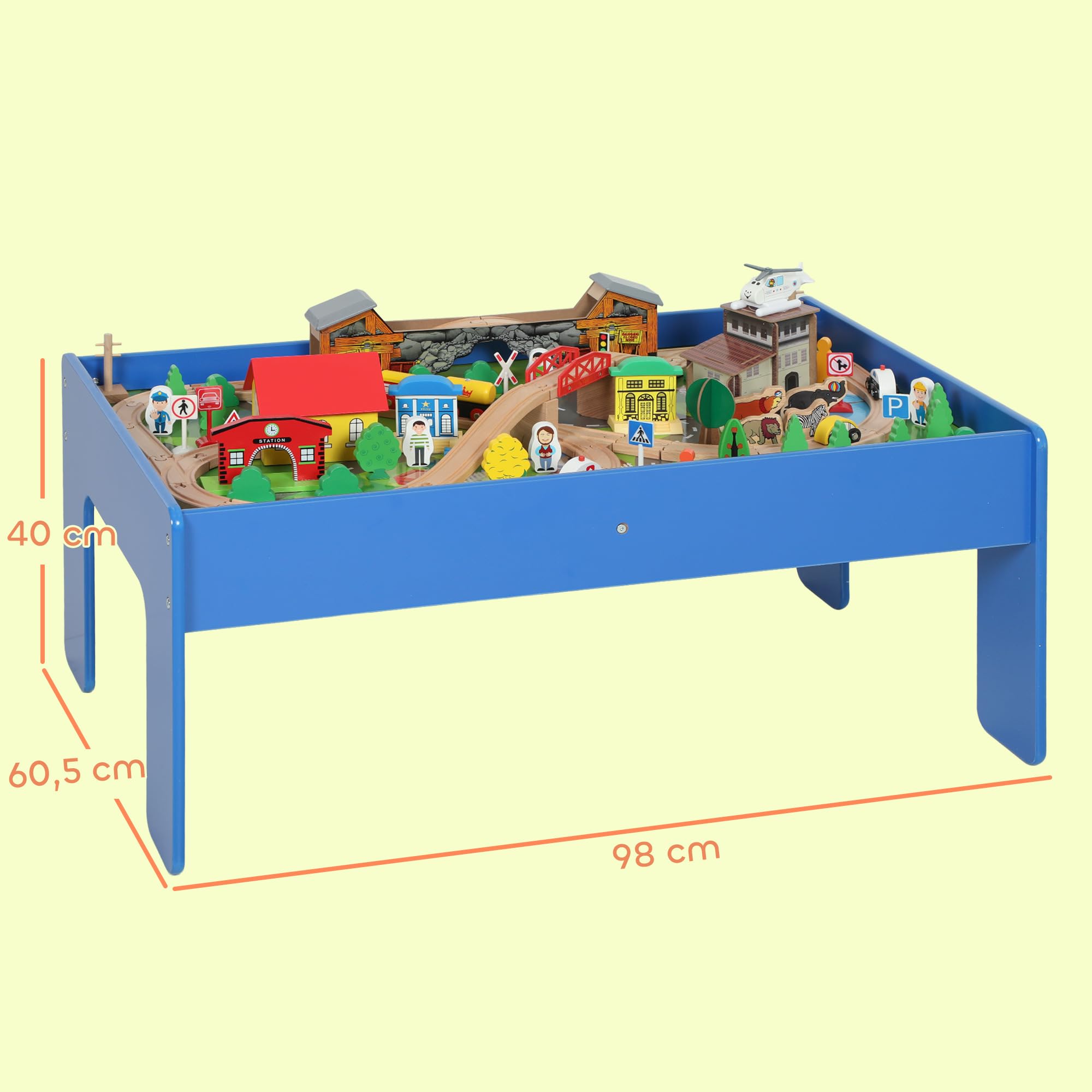 AIYAPLAY Spieltisch 108-teiliges Eisenbahn-Set für Kinder ab 3 Jahren Blau | Aus Holz, Holzeisenbahn mit Abnehmbarer Tischplatte, Eisenbahntisch