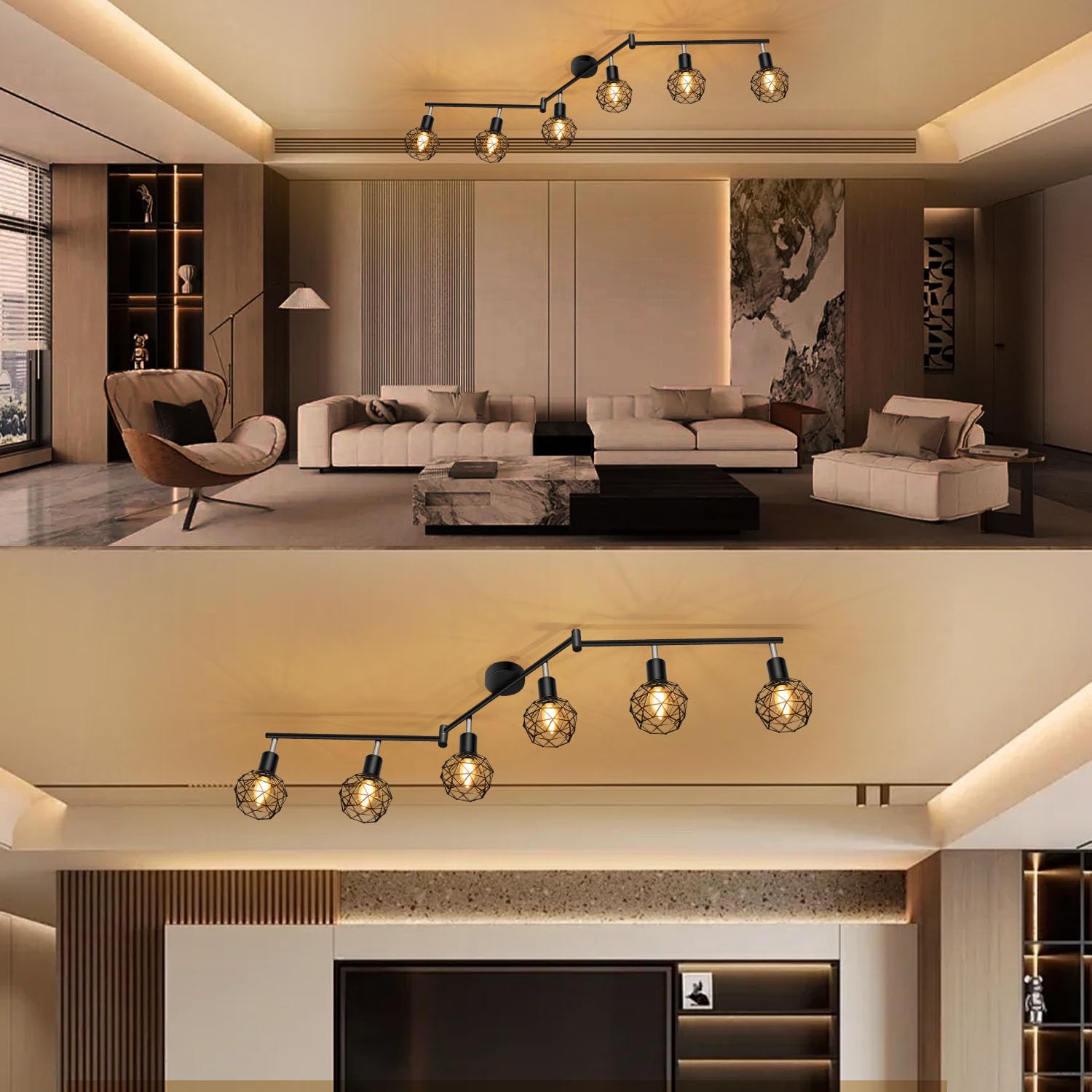 Deckenstrahler 6 Flammig, 350°-Drehung, Deckenspots E14 Fassung, Deckenlampe LED Deckenleuchte, Spotleuchte Wand, Wandstrahler für Küche, Wohnzimmer, Schlafzimmer, Schwarz (Ohne Leuchtmittel)