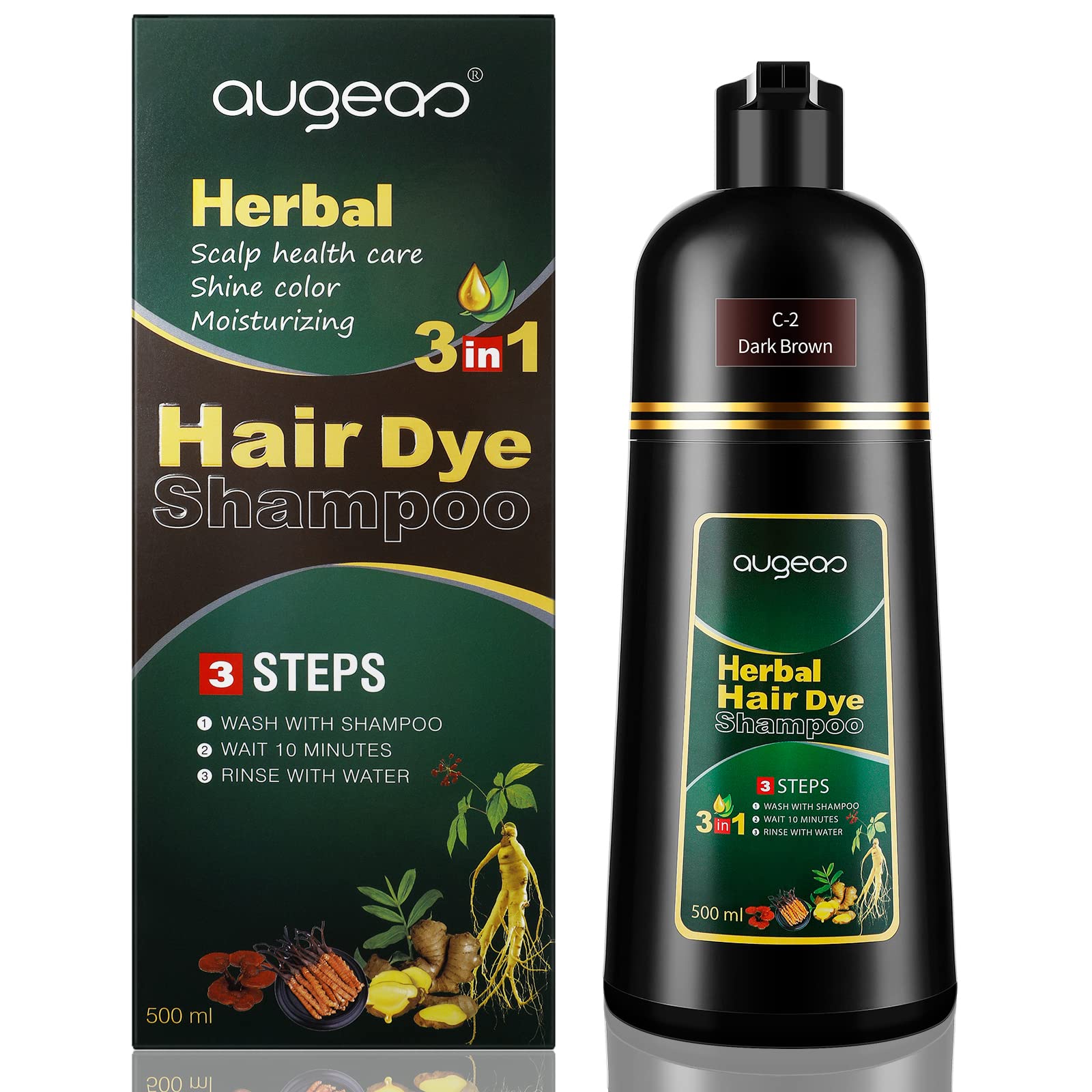500ml Dark Brown Dye Color Shampoo, 3-In-1 Herbal Color Hair Shampoo Natural Covers Gray Hair in 10 Minutes Hair Dye Shampoo for Men Women Lasts 30 Days Hair Coloring Shampoo Dark Brown