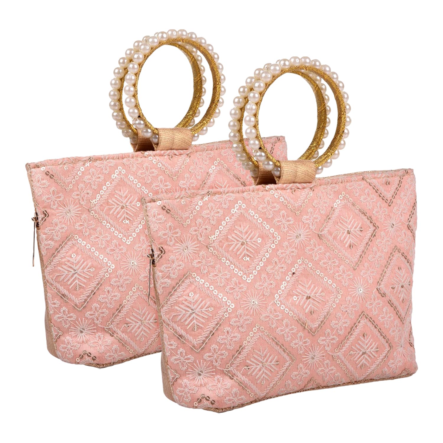 Clutch Bag | Zig Zag Chicken Silk Embroidery | Moti Churi Handle | Hand Purse for Woman | Party Bags for Woman | Wedding Clutch Purse | Pack of 2 | Peach-image-22