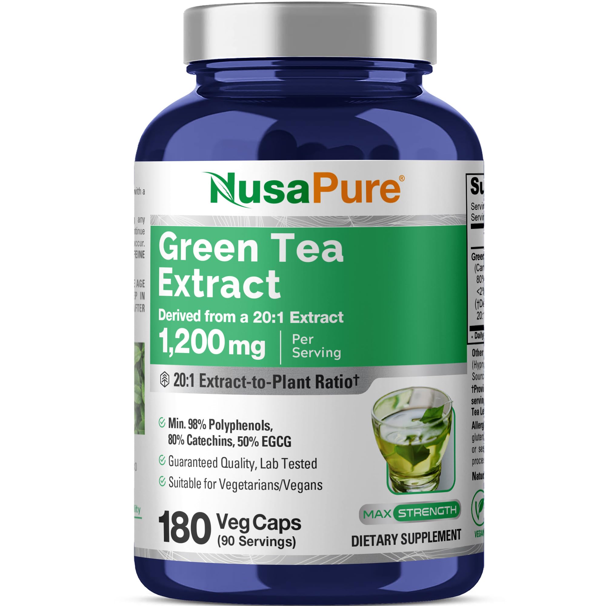 NusaPure Green Tea, 1200 mg, Non GMO, Vegan, 180 Veggie Caps - 90 Servings