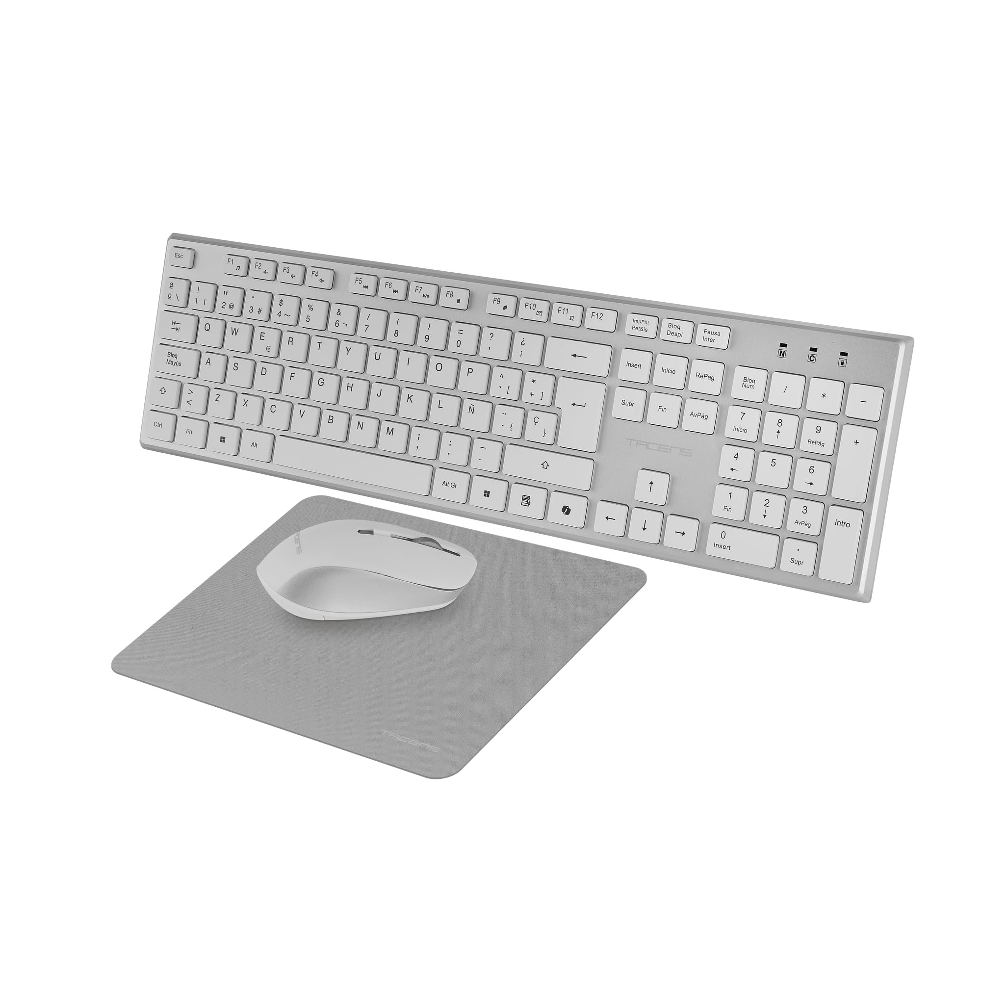 Tacens ZENITH, 3in1 Wireless Combo with DualLink 2.4 GHz Technology, Full-Size Membrane Keyboard with SmartKey Copilot AI, 3200 DPI Optical Mouse, Nanotextile Mousepad, Spanish Language, White