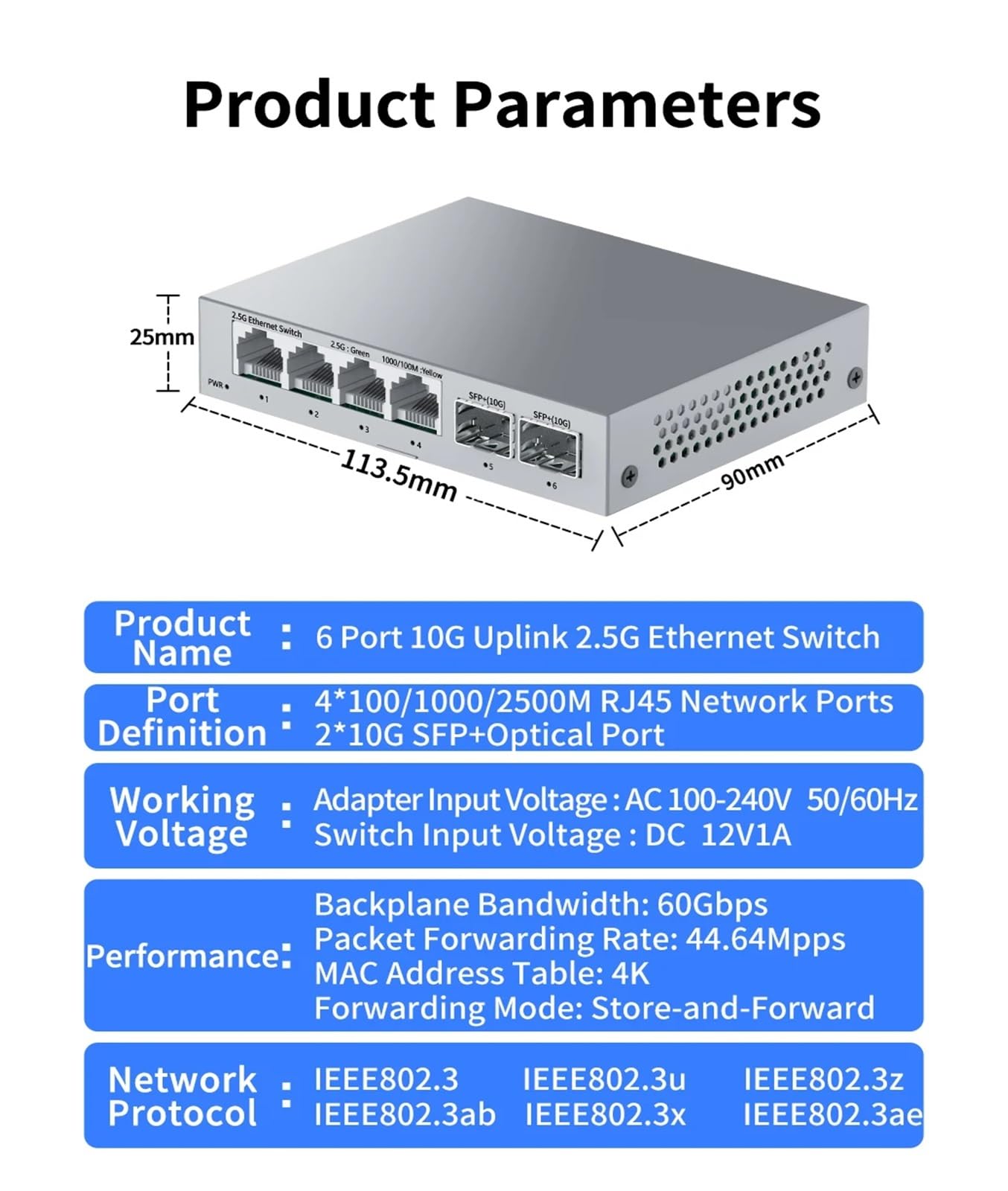 Commutateur réseau Non géré 2,5Gb, 4 Ports, 2,5G, avec 2 Ports 10GbE SF.p+, Configuration Ethernet Plug&Play(A/.U Adapter)