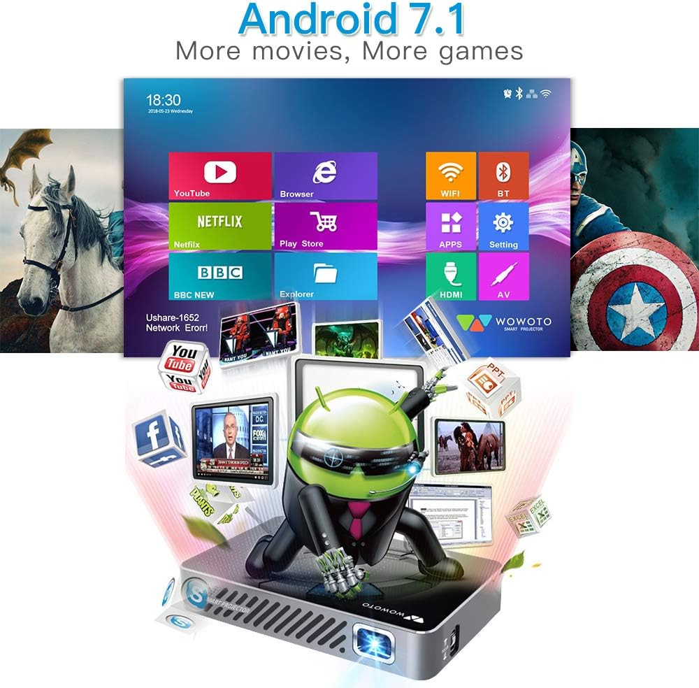 Blасk Frіdау - 70% оƒƒ Mini Projector WOWOTO A5 Pro Android 7.1 100ANSI 2+32G Portable DLP Video Projector 150 Home Theater Projectors with BT4.0 Support WiFi Wireless Screen Share 1080P HDMI USB SD Card