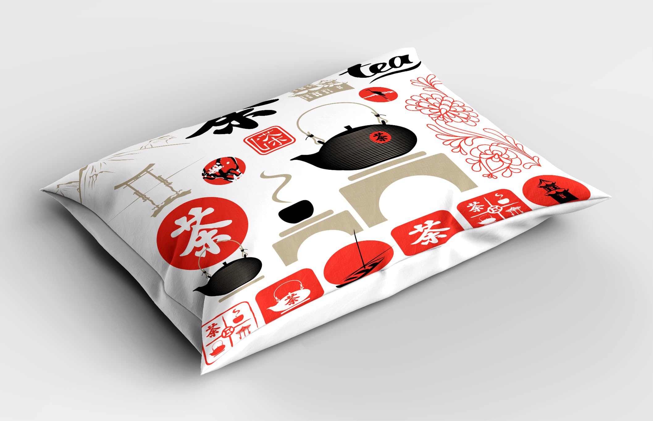 Ambesonne Tea Party Pillow Sham Set of 2, Japanese Design with Cultural Elements Flowers Hill Mountain Tea Pot, Quality Microfiber Bedding Item for All Seasons, 36