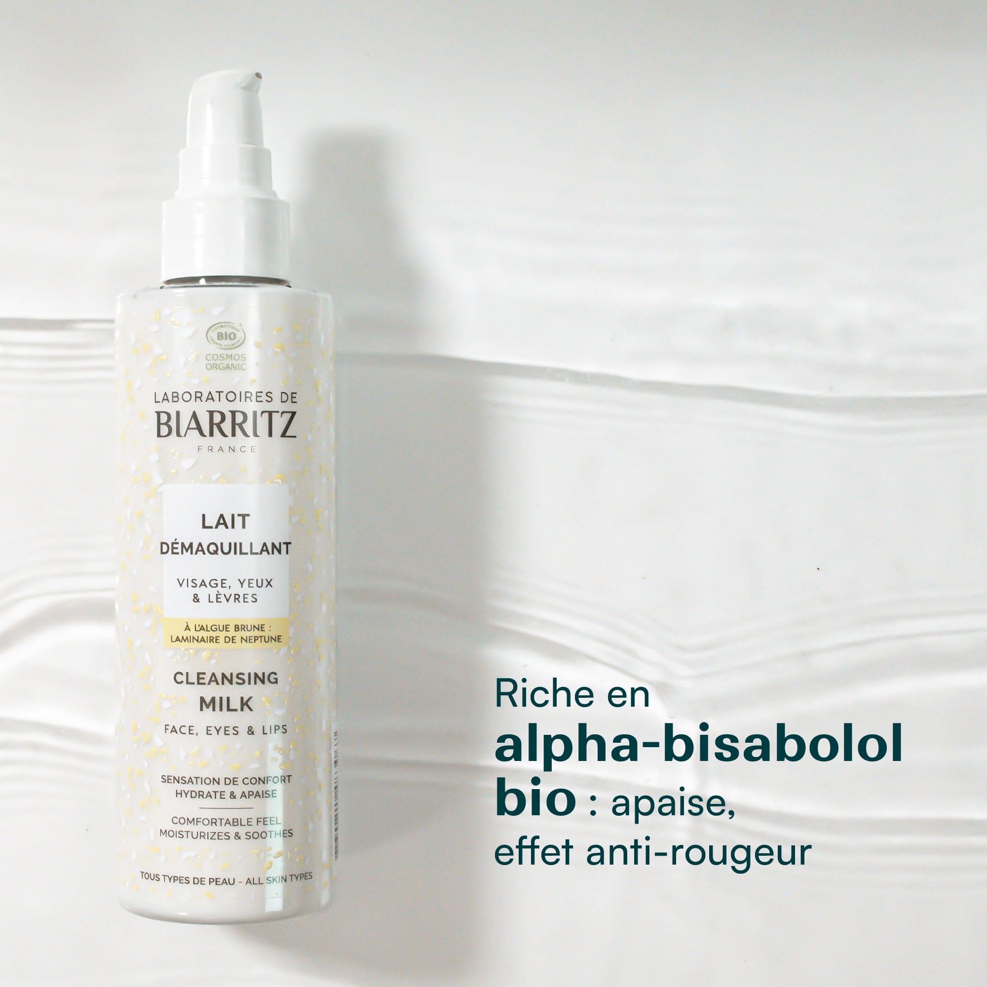 Laboratoires de Biarritz - Lait Démaquillant Visage, Yeux & Lèvres Certifié Bio - Hydrate et Apaise - Sensation de Confort - 200 ml - Fabriqué en France