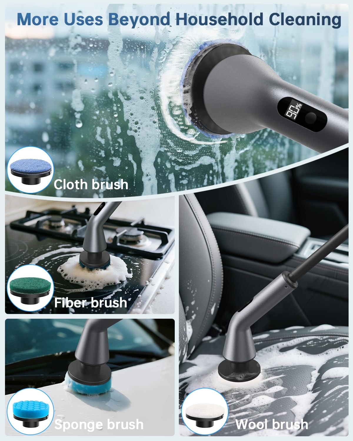Limpiador giratorio eléctrico, IPX7, impermeable, doble velocidad, cepillo de limpieza inalámbrico con 7 cabezales de cepillo, mango largo extensible para baño, ducha, bañera, tina, vidrio, azulejos