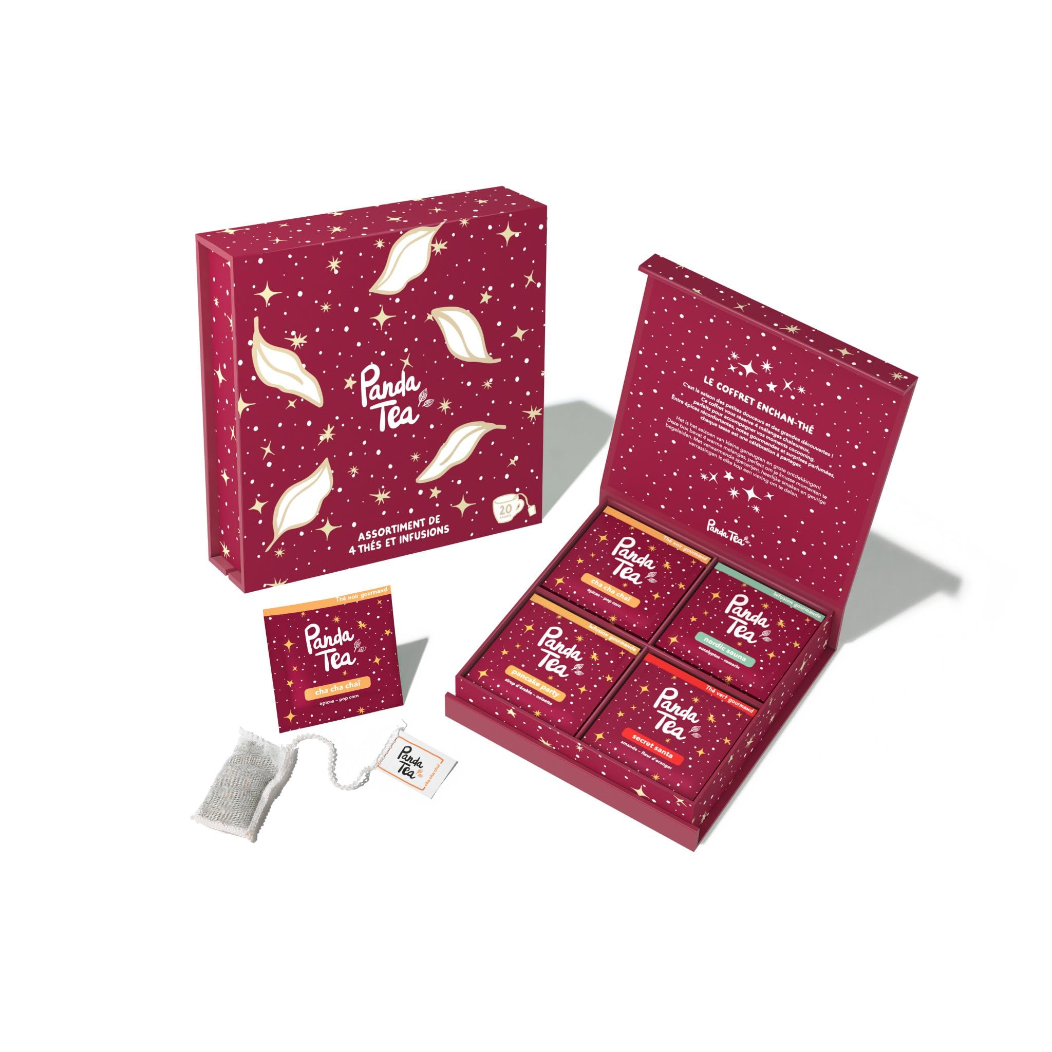 Panda Tea - Coffret Enchan-thé 20 sachets - Coffret Cadeau Thé & Tisane de Bio - Assortiment de Thés et Infusions Gourmands Hiver - Idée Cadeau à Offrir pour
