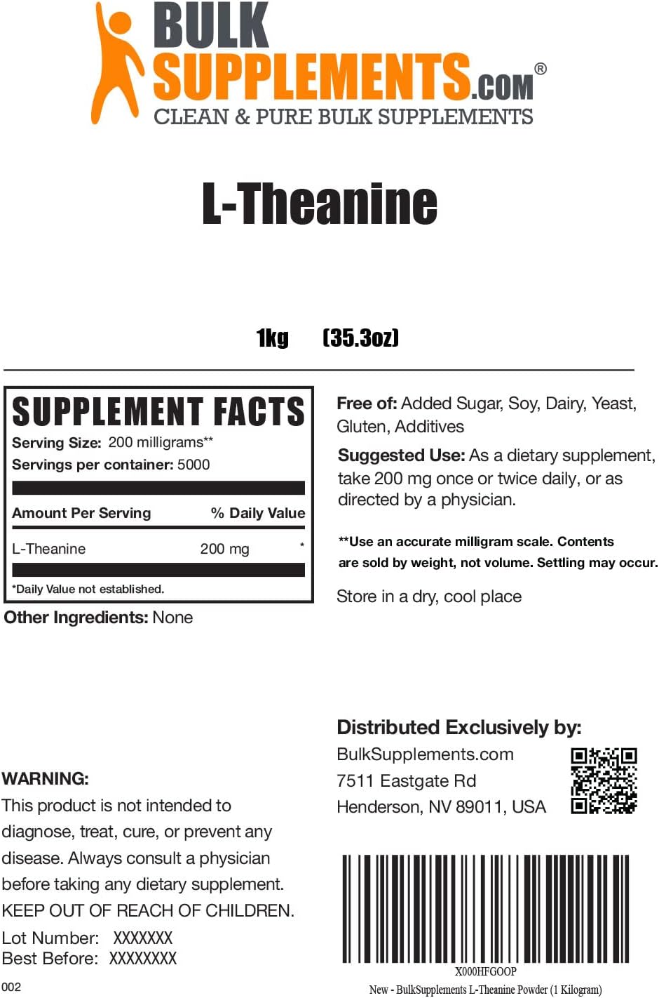 BULKSUPPLEMENTS.COM L-Theanine Powder - Amino Acids Supplement for Stress & Mood Support - Gluten Free, Soy Free - 200mg per Serving (1 Kilogram - 2.2 lbs)