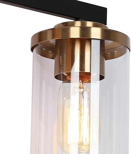 Miniatura 7 de ZEVNI Lámparas de baño, luces de tocador negras y doradas, moderna iluminación de baño de 3 luces con pantallas de vidrio cilíndricas, 20 pulgadas