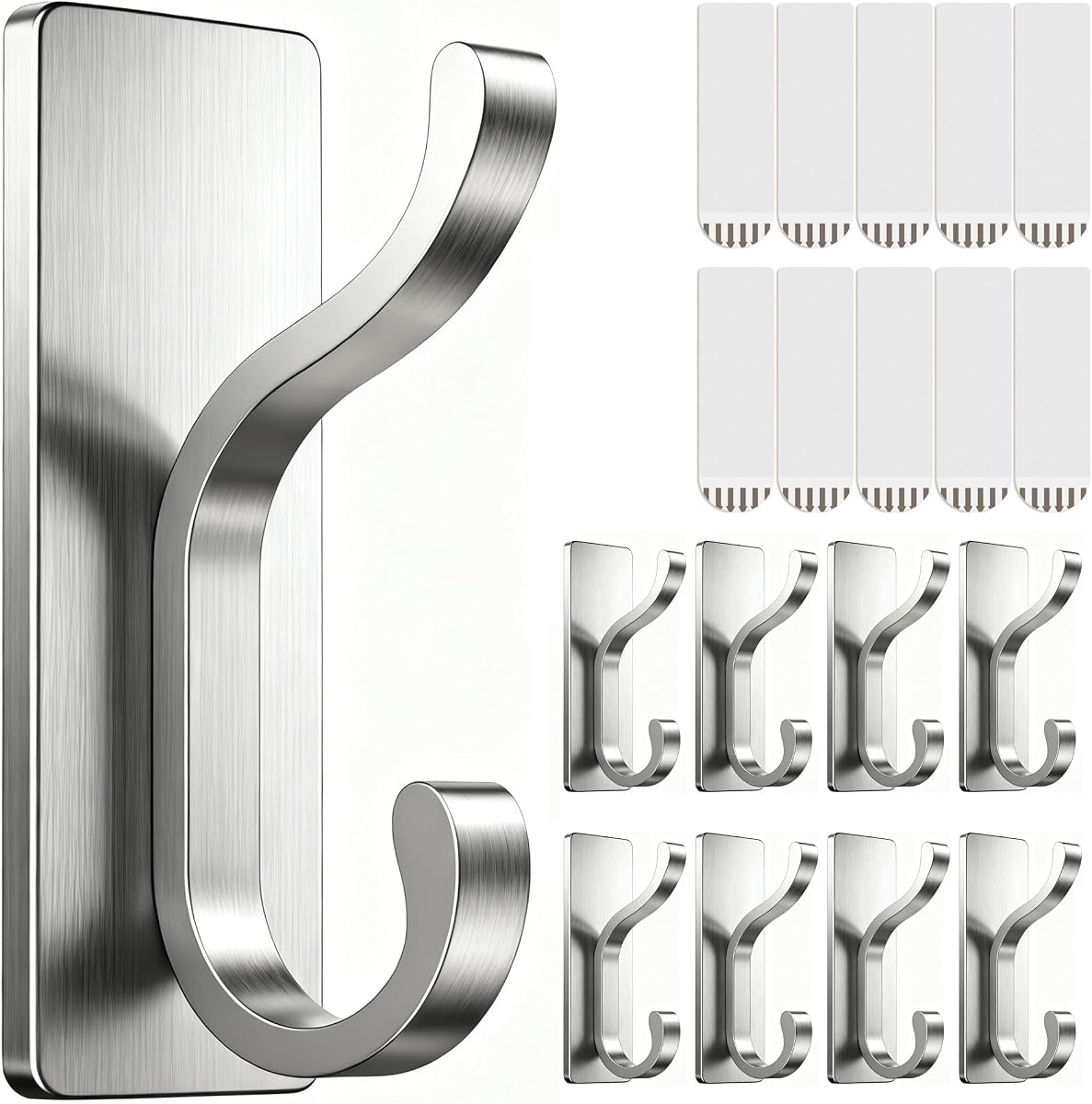 pickpiff Wall Hooks with Adhesive Strip - Easy to Remove, No Residue, Strong Heavy Duty Sticky Towel Hook, 8 Pack Silver