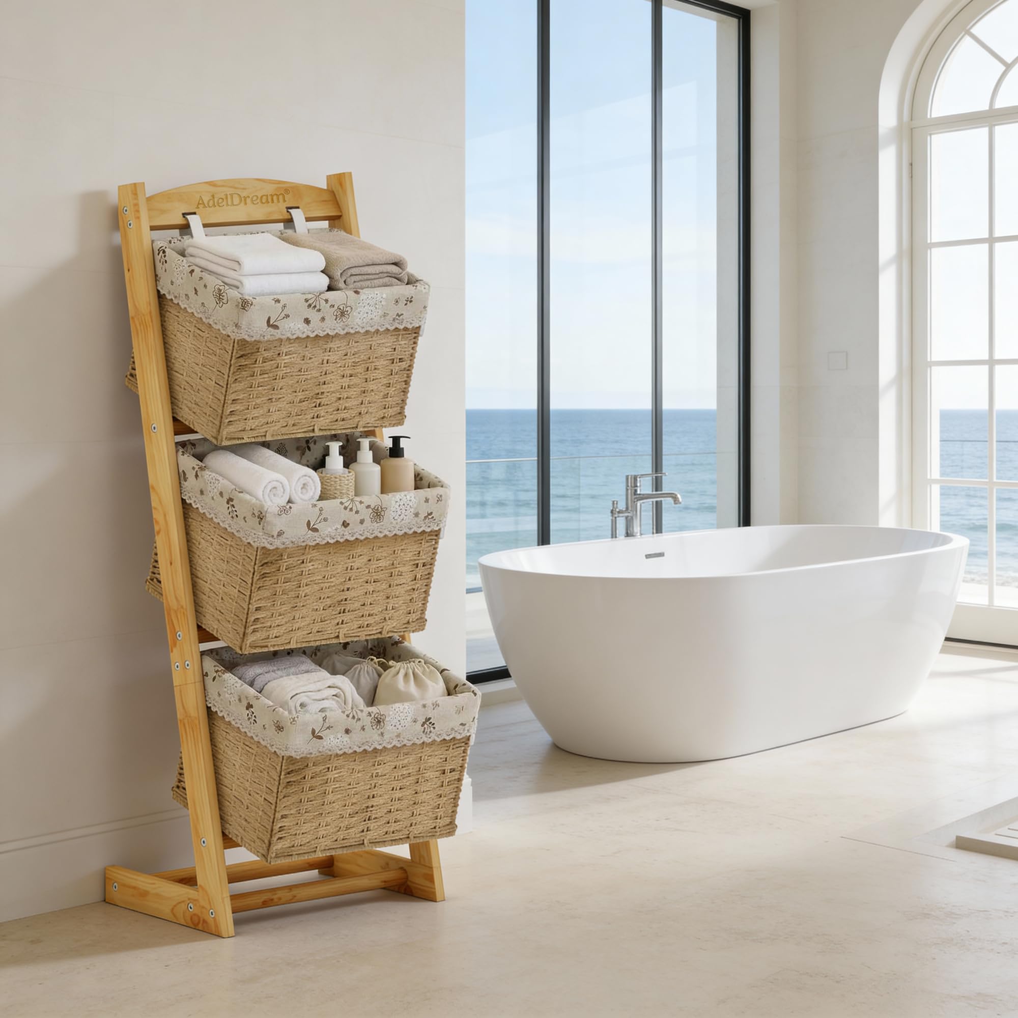 AdelDream Cesta de almacenamiento de madera maciza cesta de ratán estante de almacenamiento para el suelo sala de estar estante multifuncional estilo 2