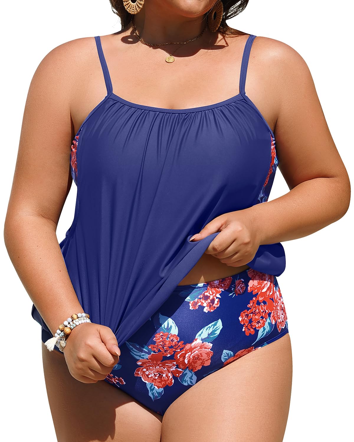 Daci Women Plus Size Tankini Swimsuit Two Piece Tummy Control Bathing Suit Blouson Tankini Top with Bottom