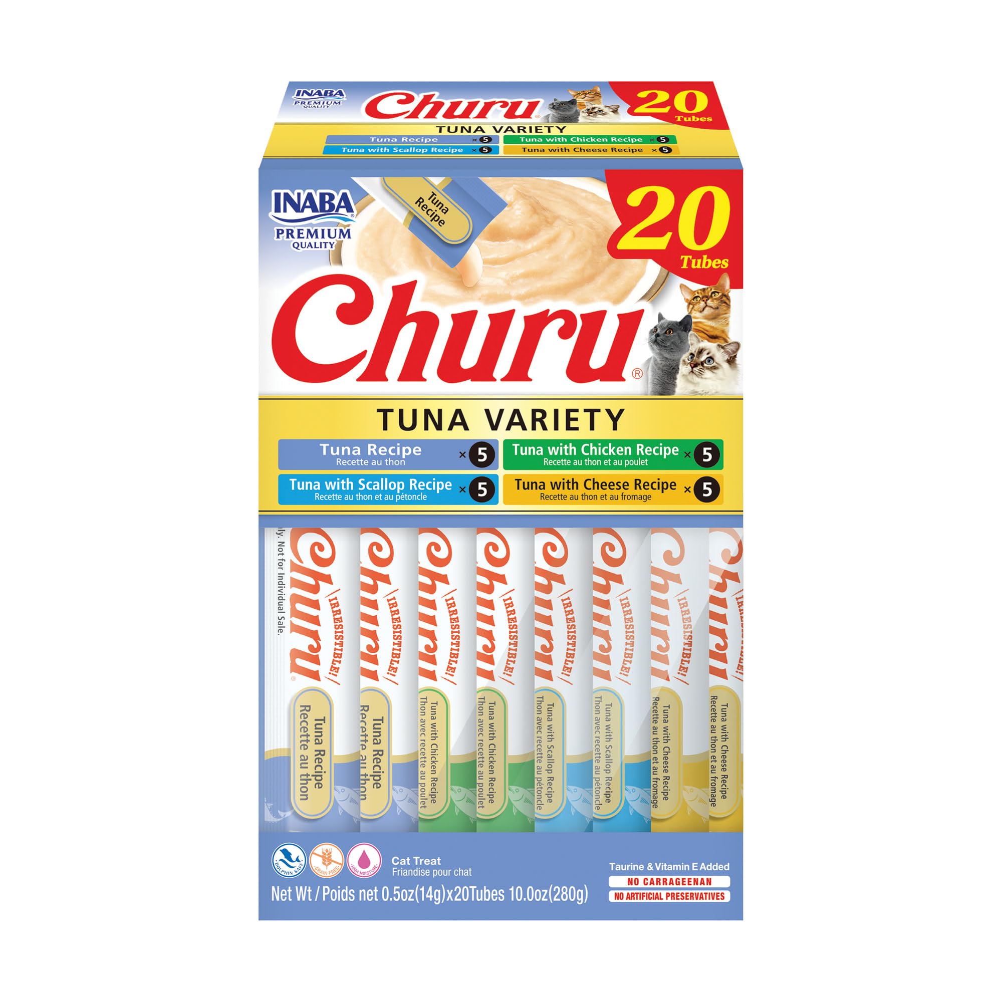 INABA Churu Cat Treats, Grain-Free, Lickable, Squeezable Creamy Purée Cat Treat/Topper with Vitamin E & Taurine, 0.5 Ounces Each Tube, 20 Tubes, Tuna Variety Box image 6