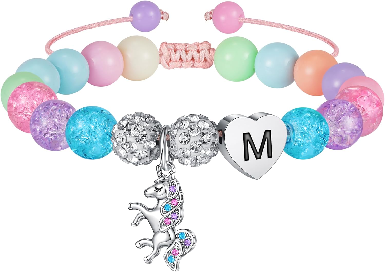 Hidepoo Valentines Gifts for Kids Girls - Unicorn Bracelet for Girls Gifts Adjustable Beads and Rhinestone Balls Unicorn Initial Bracelet Jewelry Birthday Gift Valentines Gift for Girl Kids Teens