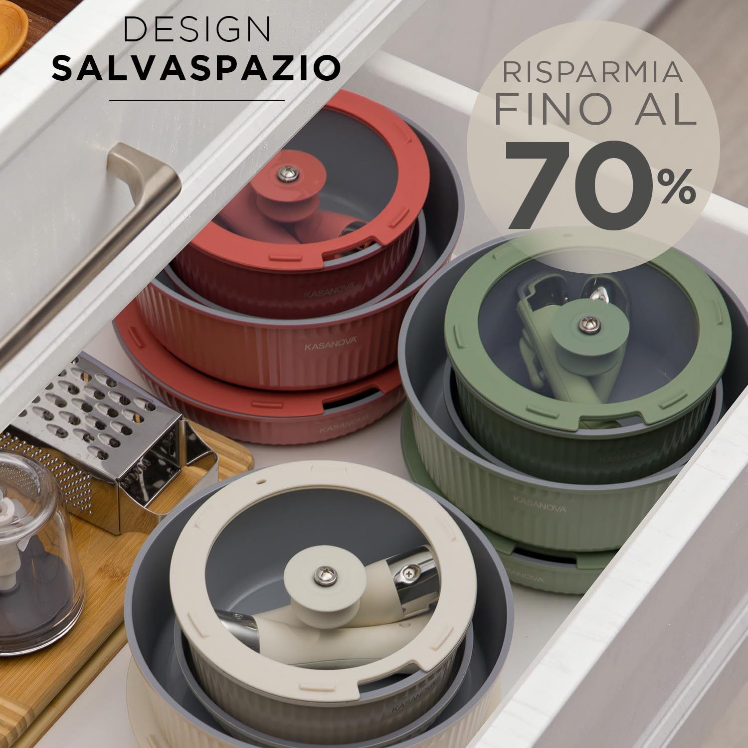 KASANOVA Batteria pentole 9 pezzi Eaziclip, Set pentole induzione con rivestimento ceramico e manici staccabili per uso in forno, Batteria antiaderente verde con coperchi