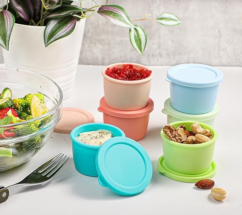 Miniatura 6 de Webake Contenedor de aderezo de ensalada para llevar, recipiente de silicona para salsa de 6 x 2.5 onzas con tapas, cabe en una caja Bento para el
