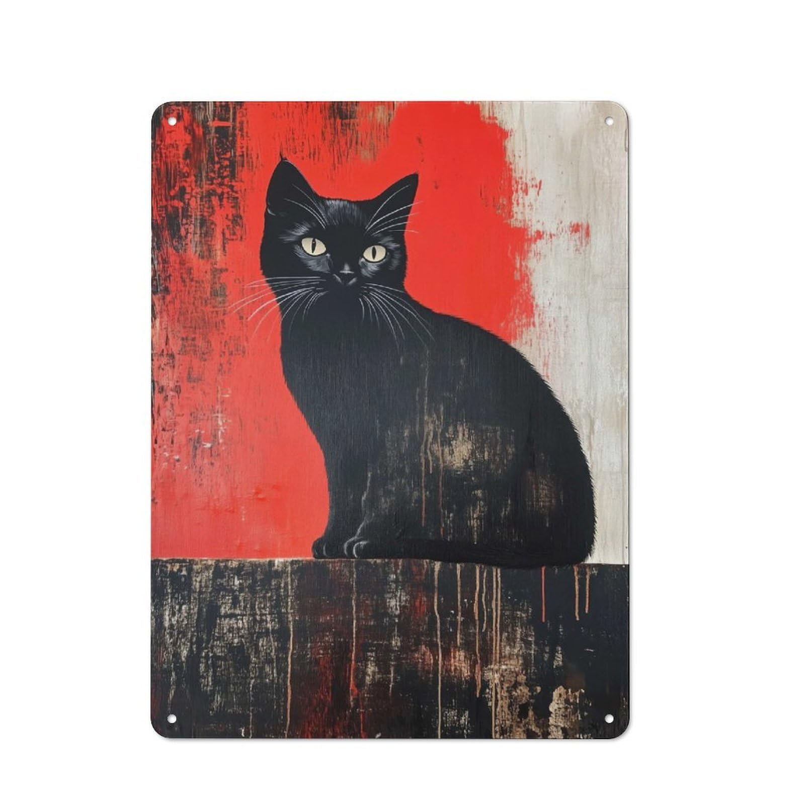Classic Black Cat on Red Background Metal Wall Plaque 40x30cm, Nostalgic Wall Art for Living Room, Hallway, Kitchen Or Cafe